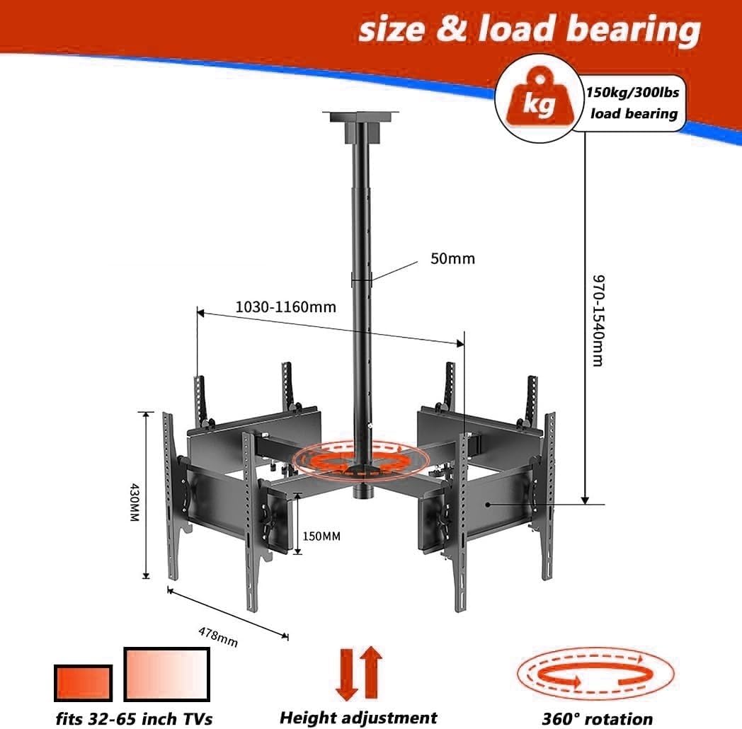 4 Sides Ceiling TV Mount Bracket - Tv Wall Mount, 360° Rotating Telescopic TV LIF, Height Adjustment TV Hanger, 4 Movement Flat/Curved Screen Bracket, Hanging Roof Bracket