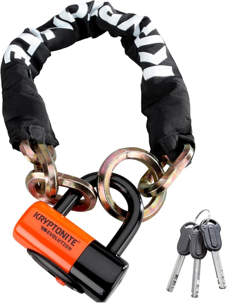 Kryptonite New York 1275 Cinch Ring Bike Chain Lock, 2.5 Feet Long Heavy Duty Anti-Theft Sold Secure Gold Motorcycle Lock with Evolution Disc Lock and Keys for Ultimate Security E-Bike, Scooter