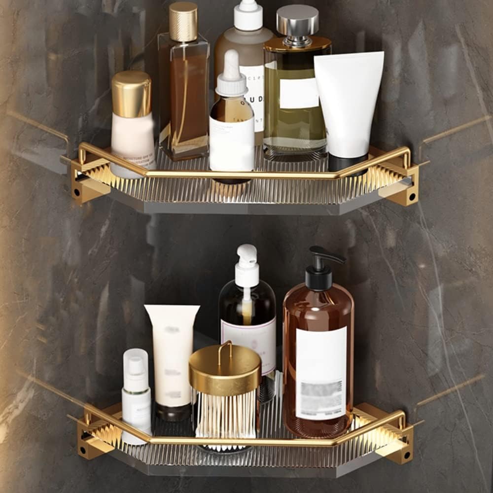 Corner Shower Caddy Corner Shelves, Cosmetics Holder Gold Aluminum Transparent Acrylic WC Accessories Wall Mount Bathroom Storage Shelf Shower Organizer