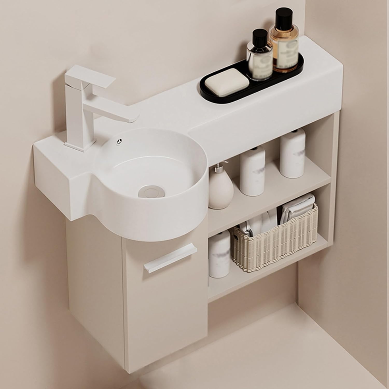 Corner Wall Mount Bathroom Sink Bathroom Cabinet With Faucet and Drain Corner bathroom Sink With Open Shelf Storage Cabinet For Small Space corner Bathrooms Vanity(Left,70*52*13cm/27.6*20.5*5.1in)