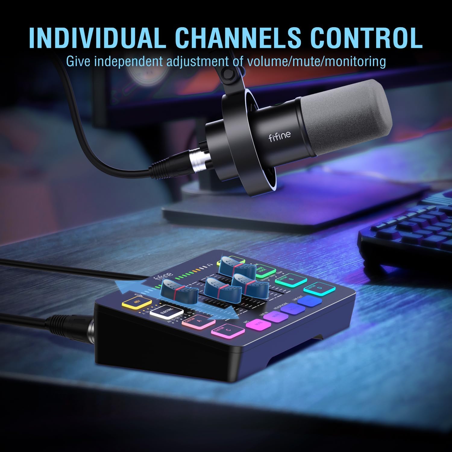 FIFINE Gaming Audio Mixer and XLR/USB Dynamic Microphone Bundle, Streaming 4-Channel RGB Mixer with XLR Microphone Interface,48V Phantom Power for Game, Voice, Podcast, Recording, YouTube (SC3+K688)