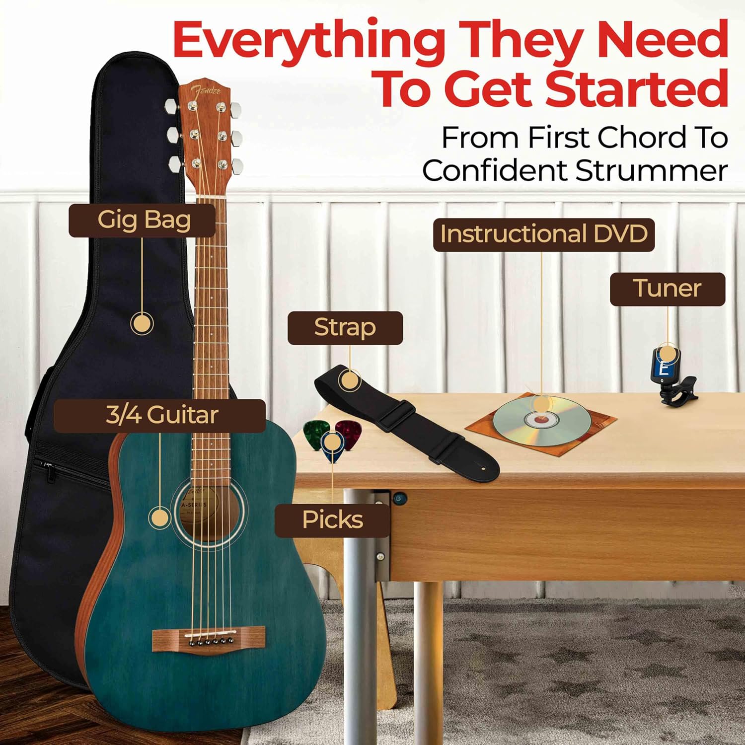 Fender FA-15 3/4-Scale Kids Steel String Acoustic Guitar - Blue Learn-to-Play Bundle with Gig Bag, Tuner, Strap, Picks, and Austin Bazaar Instructional DVD