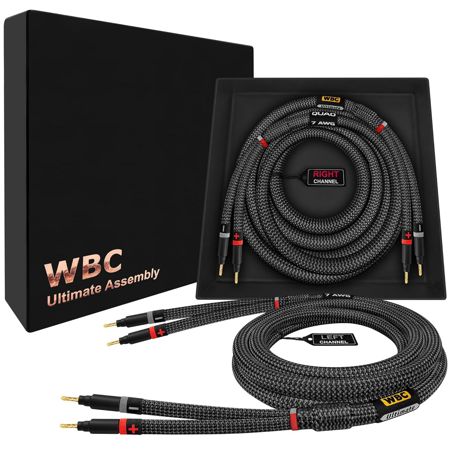 WORLDS BEST CABLES 12 Foot Ultimate - 7 AWG - Ultra-Pure OFC – Extra Premium Audiophile HiFi Speaker Cable Pair with Eminence Gold Banana Plugs & Carbon Tweed Jacket