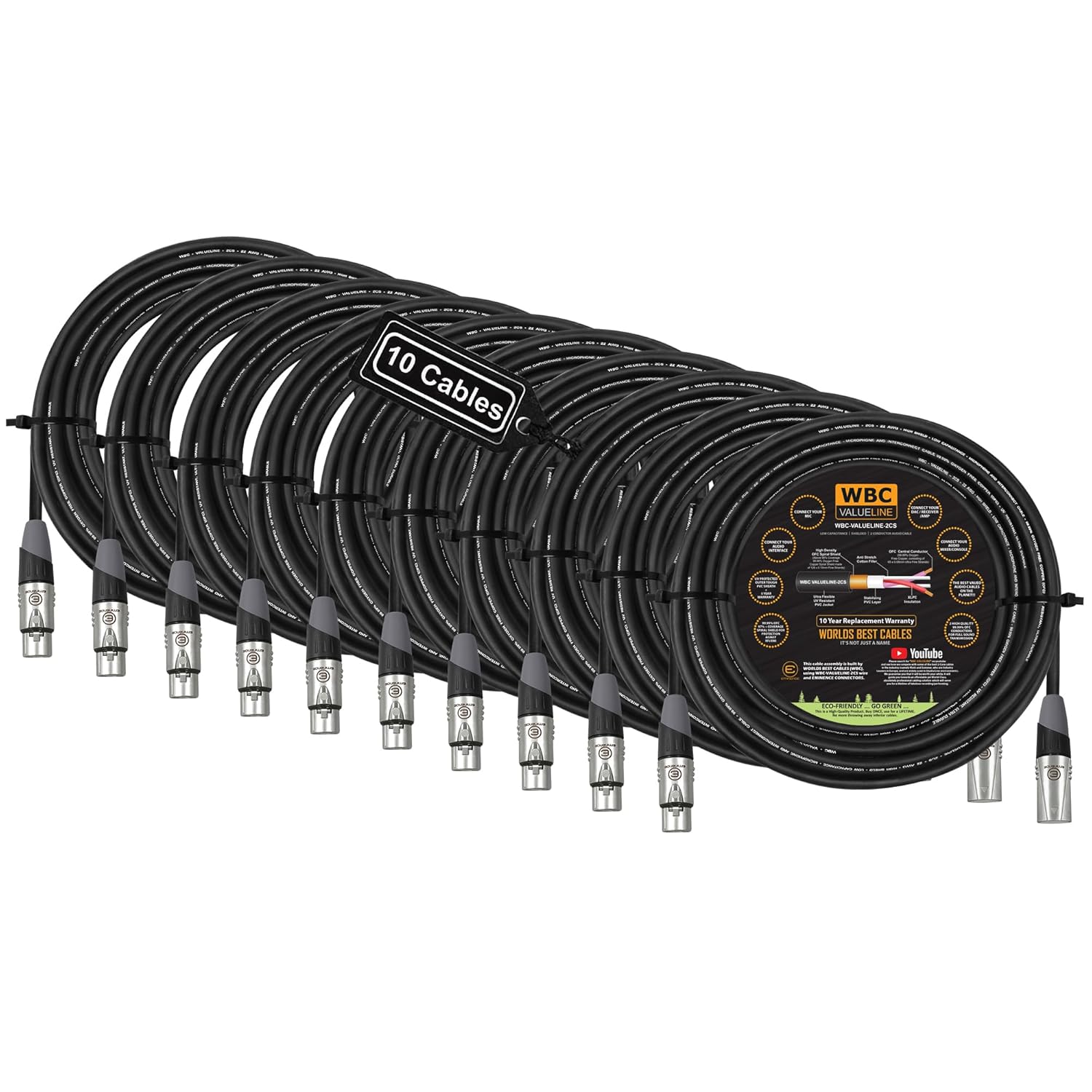 WBC-VALUELINE-2CS (22 AWG) - 10 Units - 50 Foot–Low-Capacitance Shielded Balanced Flexible Microphone, Active-Speaker & Interconnect Cables with Eminence Gold XLR Connectors