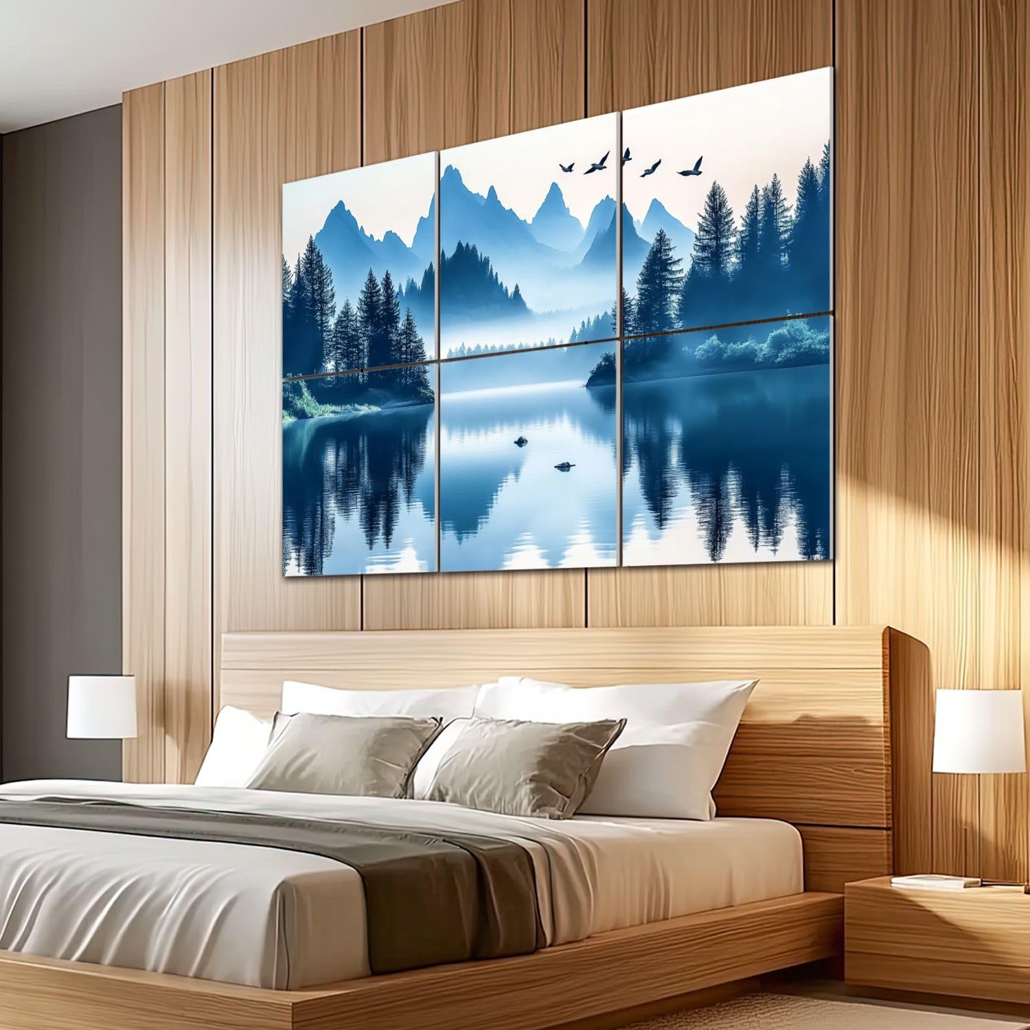 6 Pack Art Acoustic Panels Sound Absorbing Forest Modern Blue Mountains Lake Pine Trees Birds Flight Misty Decorative Soundproof Wall Panels Self Adhesive for Recording Studios Office 72