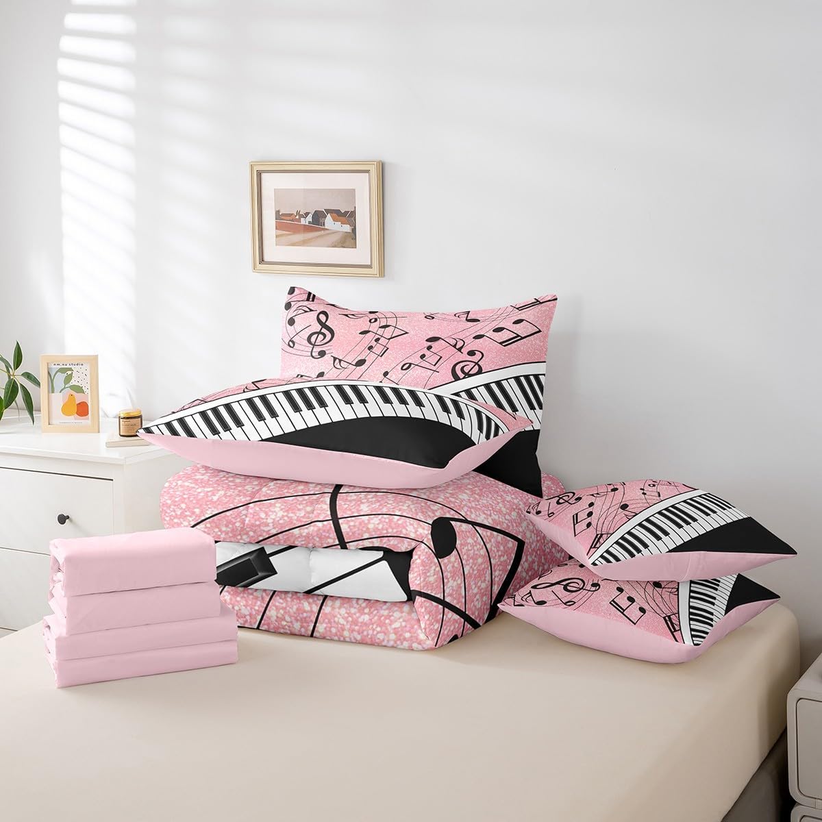 Manfei 7 Pieces Musical Notes Comforter Set Queen Size, Black White Piano Key Bedding Set, Music Theme Pink Glitter Print Bed in Bag with Comforter, Sheets and Pillowcases, Kids Girls Room Decor