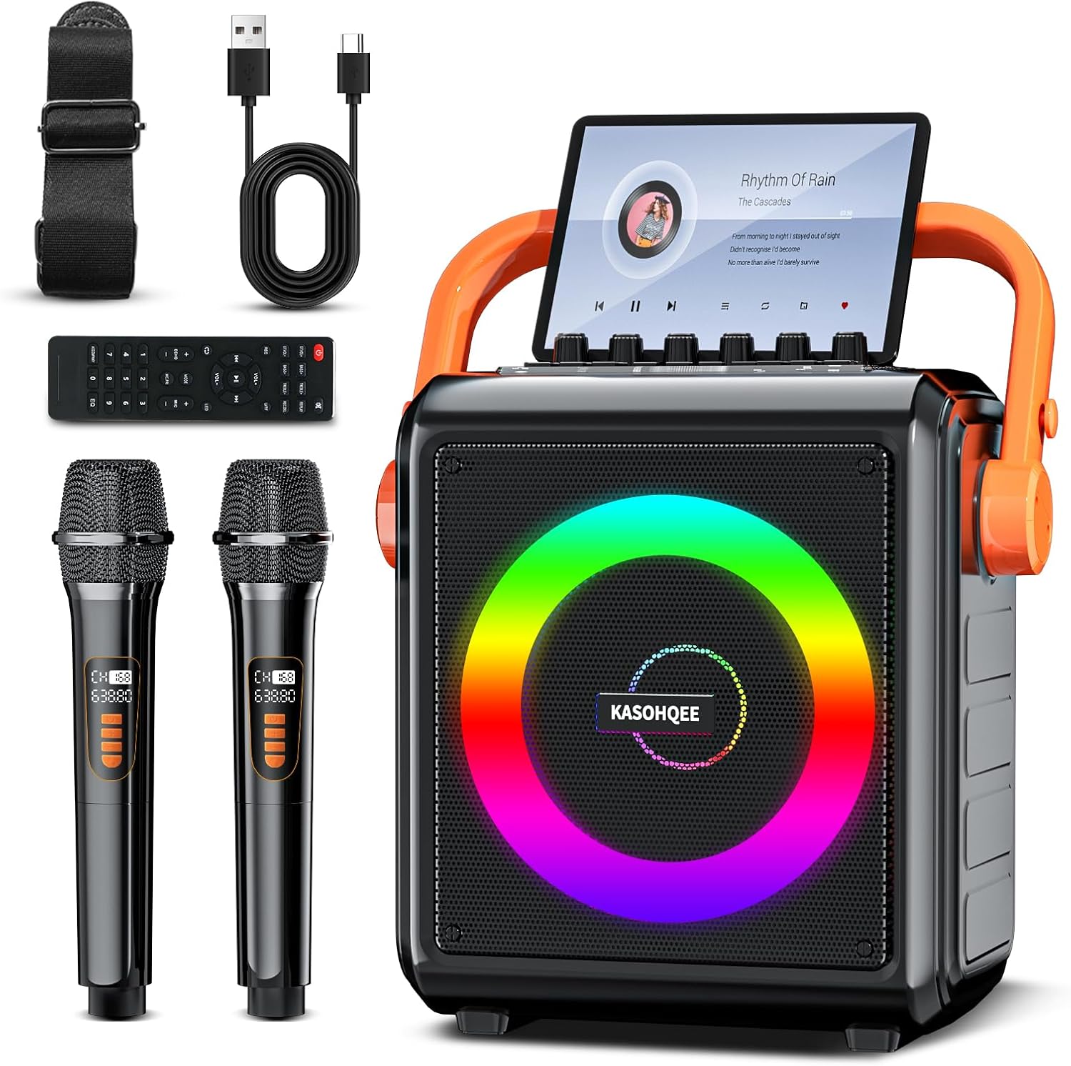 Karaoke Machine,8000mAh Portable Bluetooth Speaker with 2 Wireless Microphones for Adults & Kids,Microphone Speaker Set with Lights,Supports for TF Card,AUX in,FM,REC,for Parties,Outdoor,Home (HBL100)
