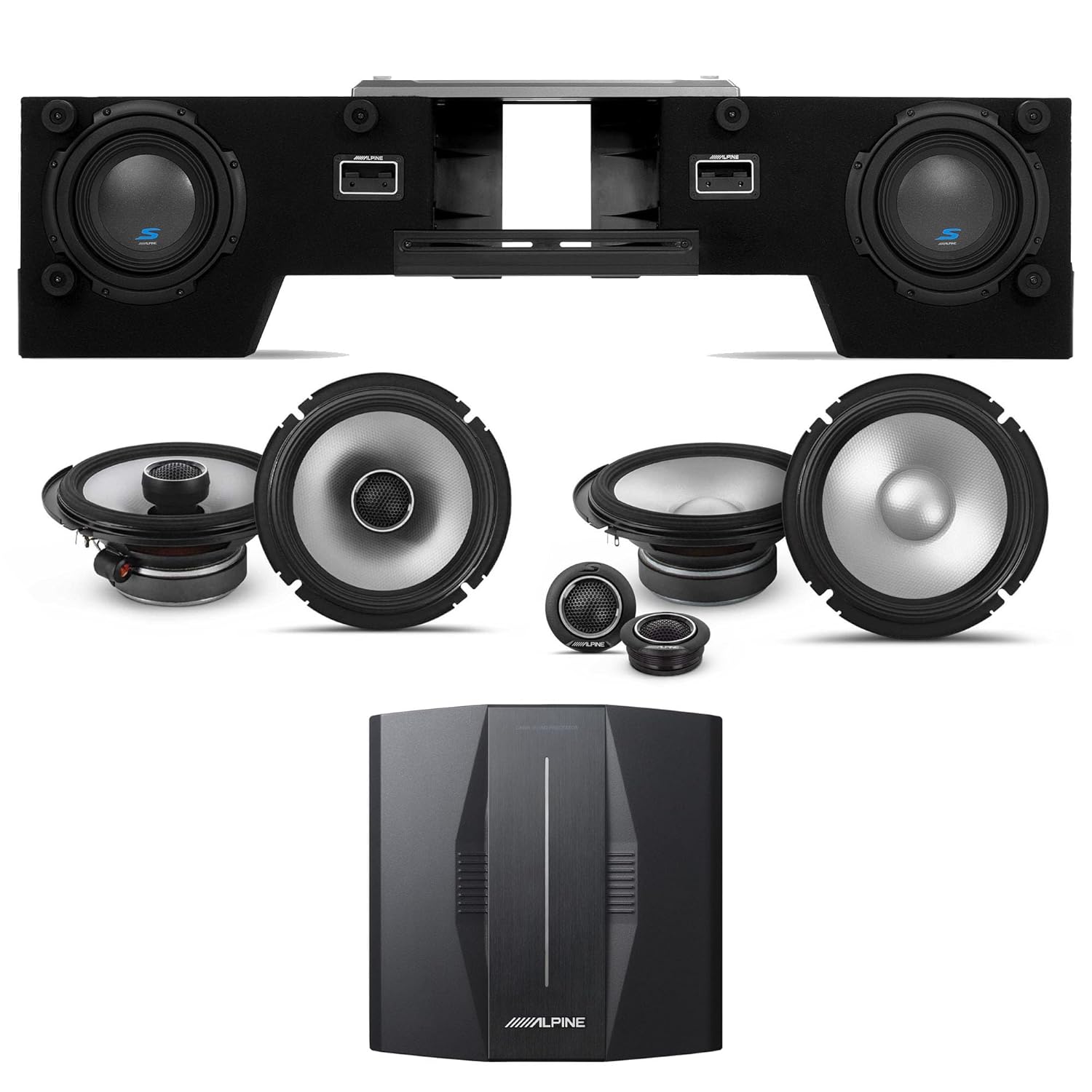 Alpine PXE-C80-88 OPTIM8 8-Channel Hi-Res Digital Sound Processor Amplifier w/S-DB8V-TRK Dual 8” Preloaded Truck Sub Enclosure & S2-S65C & 65 6.5