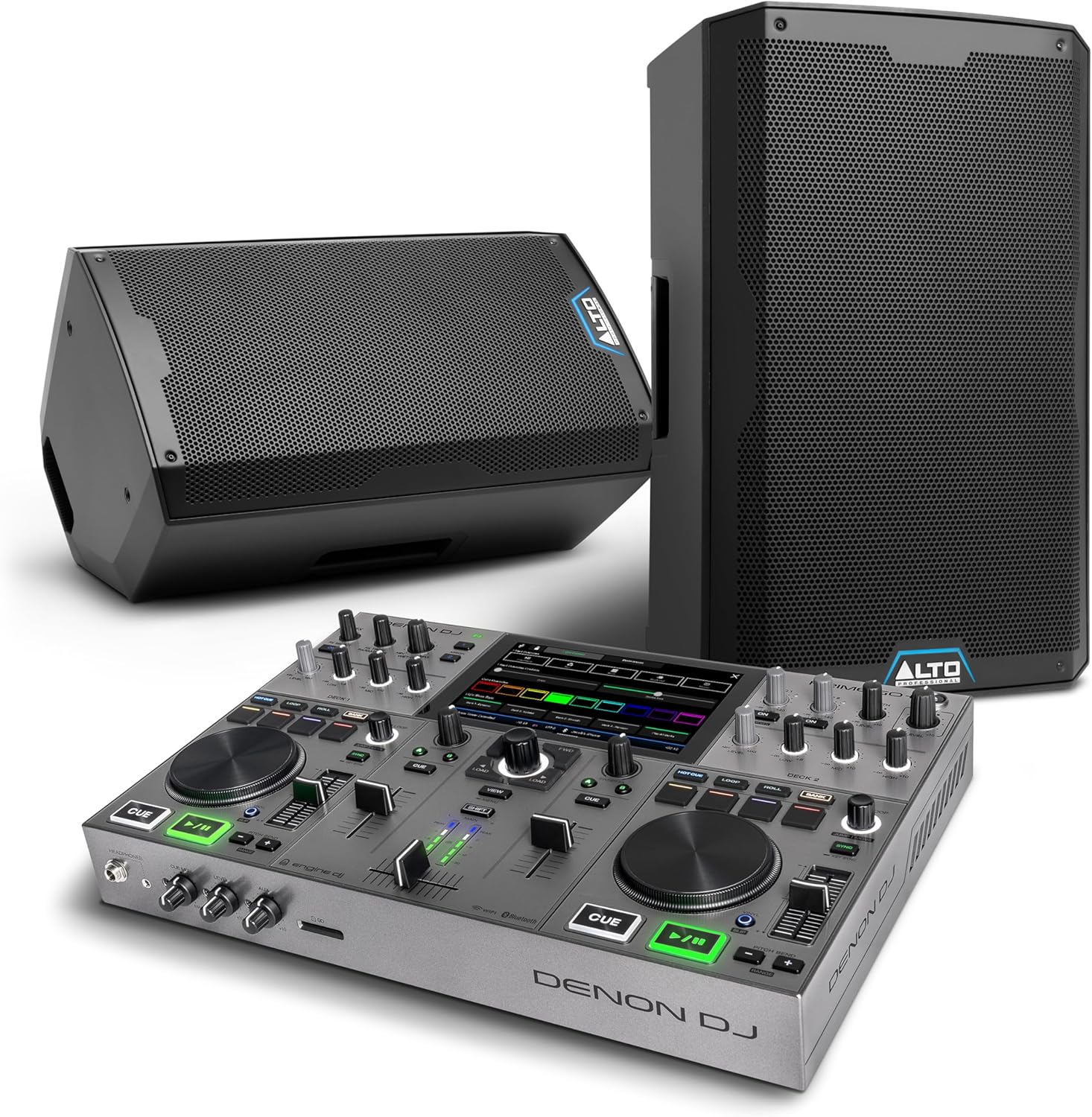 Denon DJ PRIME GO+ DJ Controller and ALTO TS415 Powered PA Speakers Pair for Live Music, DJ sets, Events, Music production