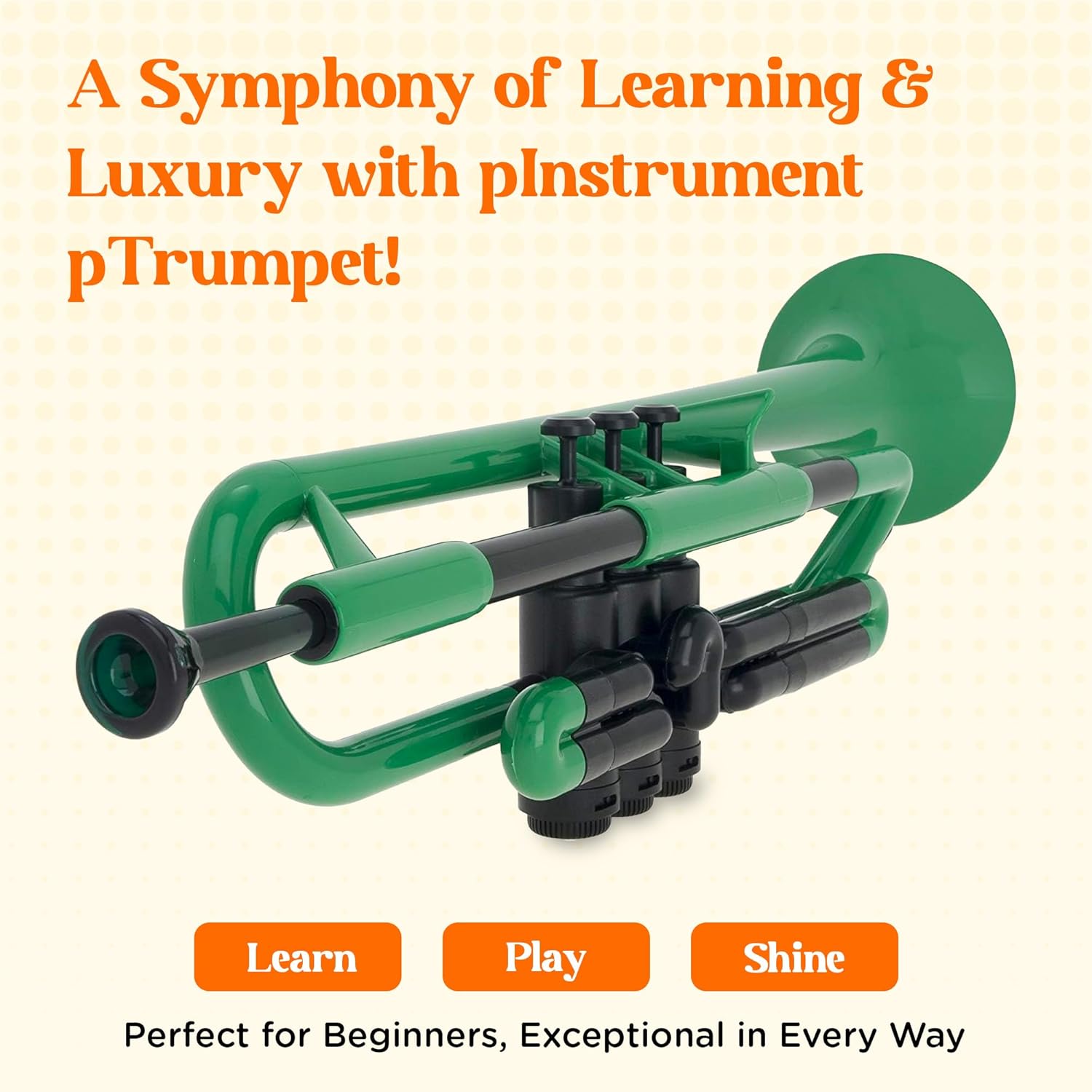 pTrumpet Bb Plastic Trumpet - Durable pInstruments Design with Ergonomic Grip - Includes 3C & 5C Mouthpieces and Carrying Bag - Authentic Sound for Students & Beginners - ABS Build - Green