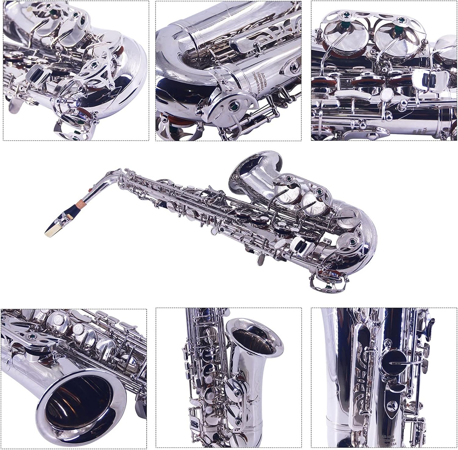 EB Alto Saxophone Sax Brass Plated Nickle 802 Key Woodwind Instrument with Carrying Case Reed Brush Cloth Gloves Straps Student Saxophone