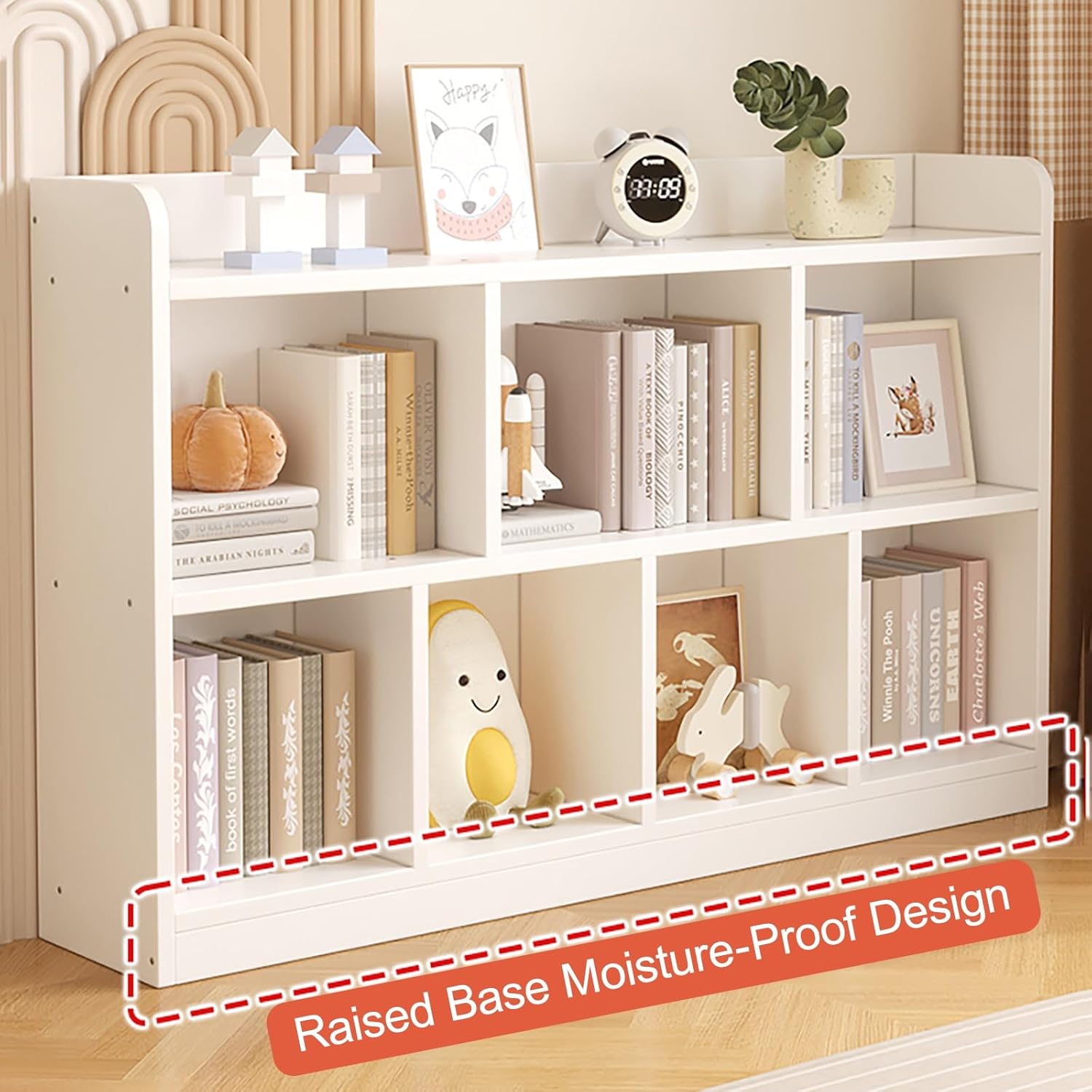 Short Bookshelf with Cabinet 2/3-Tier Geometric Bookcase, Modern Display Storage Shelves Kids Bookcase with Side Panels and Solid Wood Frame(White,100 * 24 * 86cm/39.4 * 9.4 * 34in)