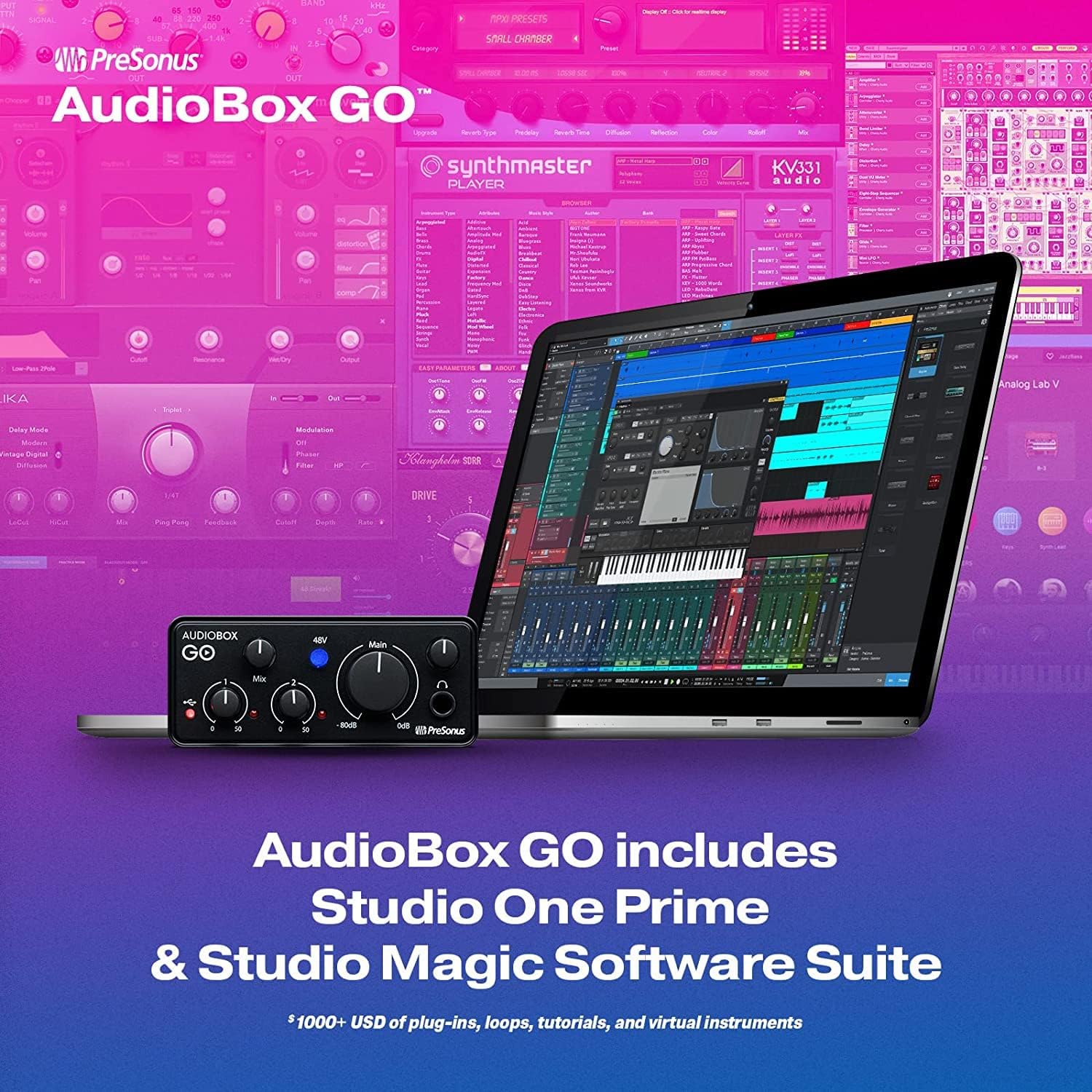PreSonus AudioBox GO USB-C Audio Interface Creator Recording Bundle with Studio One Artist Software Pack and New Eris E3.5 Studio Monitors, HD7 Headphones