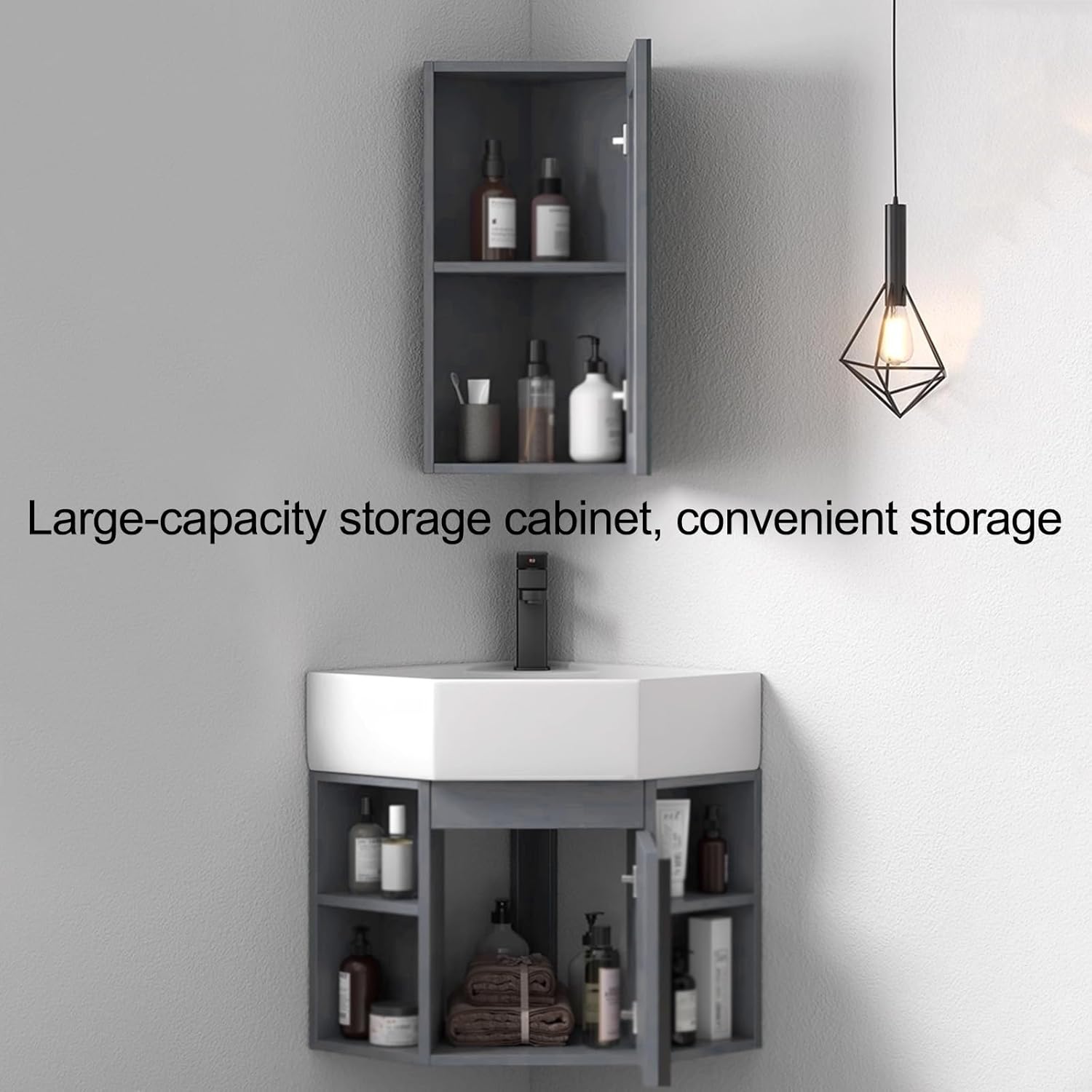 Small Wall Mount Corner Bathroom Vanity Sink Combo, Corner Vanity Cabinet with Ceramic Sink & Mirror Cabinet, Wall Mounted Utility Washing Hand Basin Design, for Small Space(40cm/15.7in) (One Co