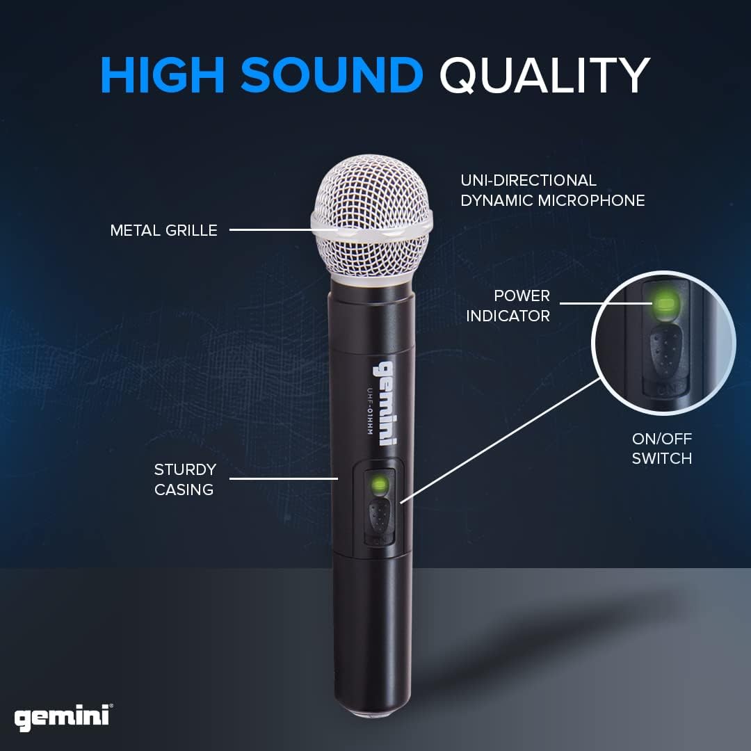 Gemini Sound UHF-04M Wireless Cordless Professional Set of 4 Handheld Microphones and Receiver for DJ, Karaoke, Stage Performance or PA System Four Pack