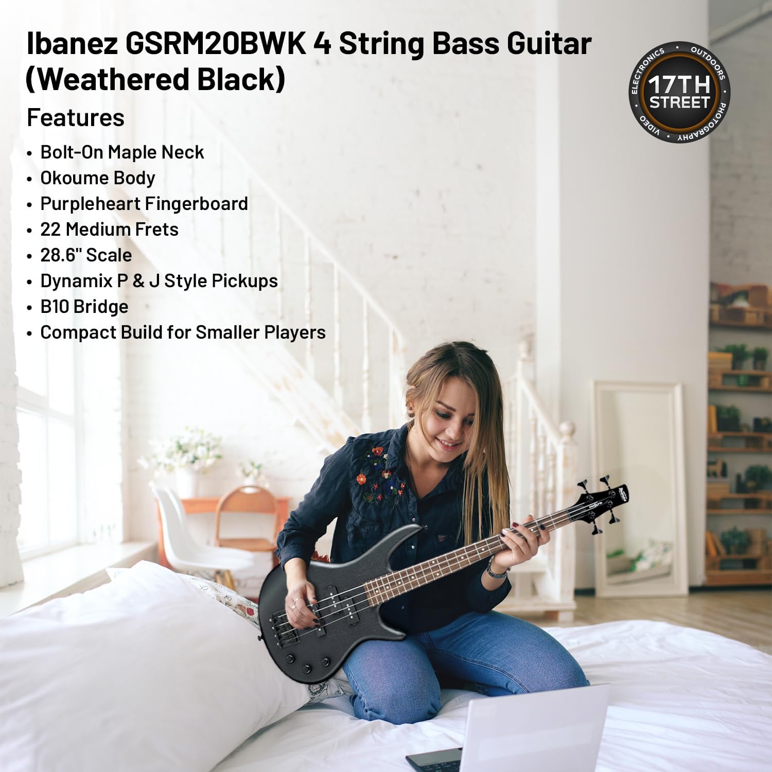 Ibanez GSRM20B 4-String Bass Guitar (Weathered Black) - Right Handed Okoume Body Bass with GSF50 Powerpad Strap, 15 Pack Guitar Picks with Storage Box & Microfiber Cleaning Cloth (Bundle Set)