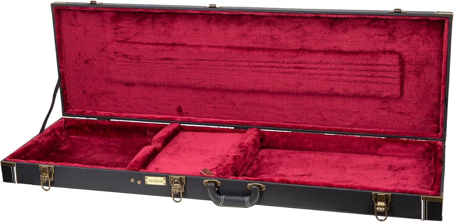 Crossrock Wooden Guitar Case -Fits Electric Bass Guitars- Vintage Hardware, Sponge Lining, Metal Feet, Storage Space-Black (CRW520BBK)