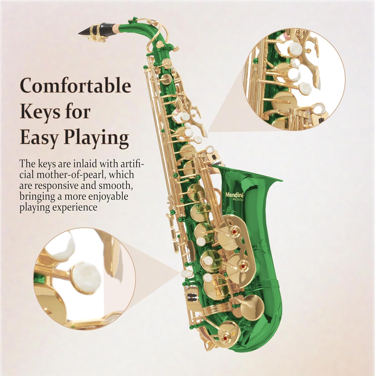 Mendini By Cecilio Alto Saxophone for Beginners, E Flat Alto Saxophone for Students Musicians with Tuner, Mouthpiece, Case, 10 Reeds, Grease, Cleaning Cloth & Rod, Gloves, Strap, Lesson Book (Green)