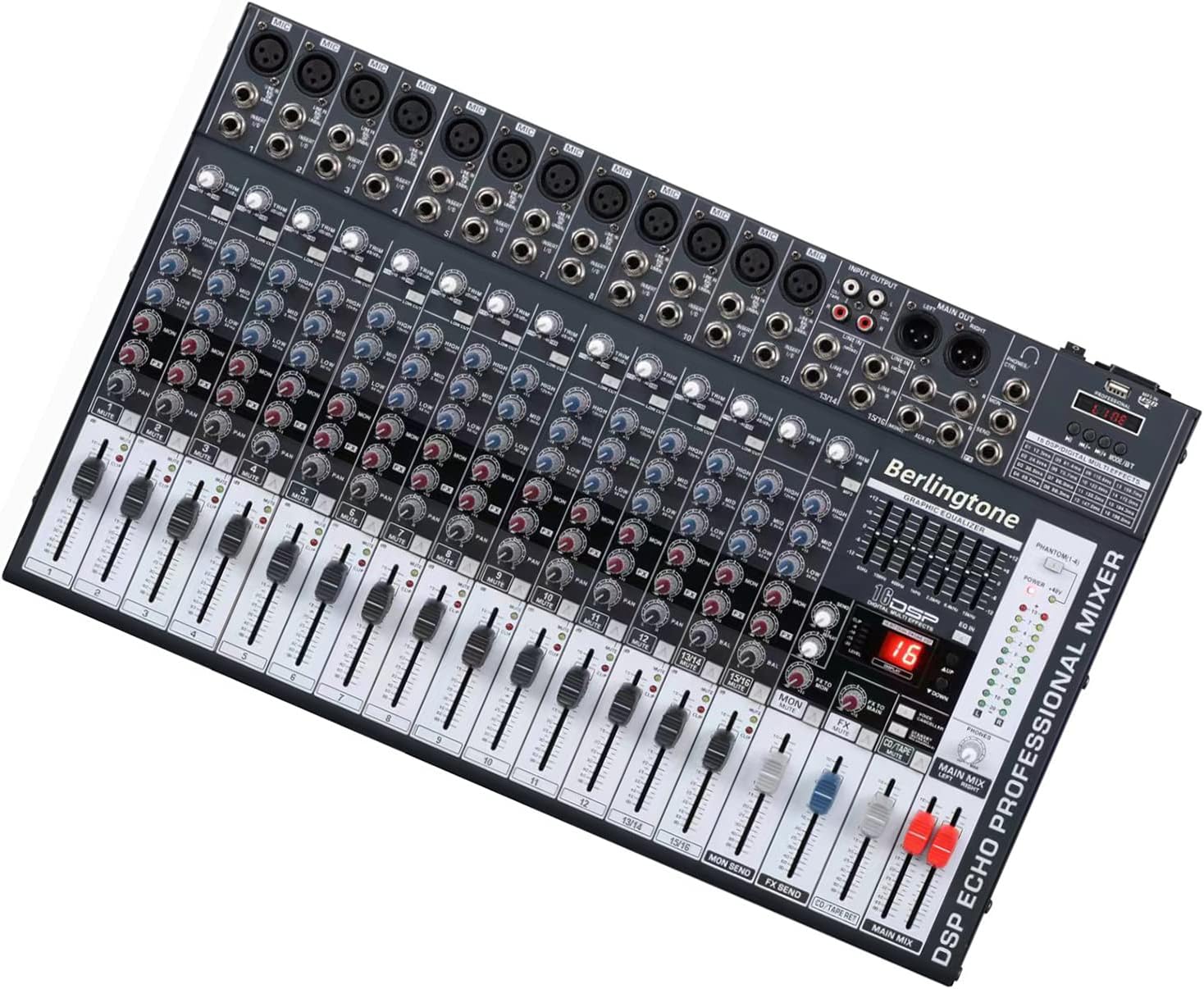 -Berlingtone,16 Channel Professional Bluetooth Studio Audio Mixer - DJ Sound Controller, USB MP3 Player, 14 Microphone Jack, 7 Band EQ, 16 BIT Digital FX, 48V Phantom Power, Unpowered (BR-166MX)