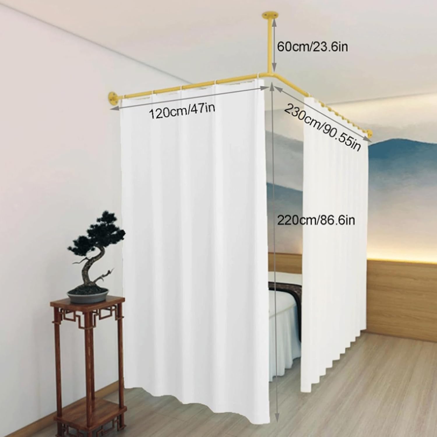 Curtain for Beauty Salon SPA Wall Mount Corner Room Divider Curtain w/L Shape Bathroom Shower Curtain Rod Health Center Privacy Partition Curtain for Fitting Room