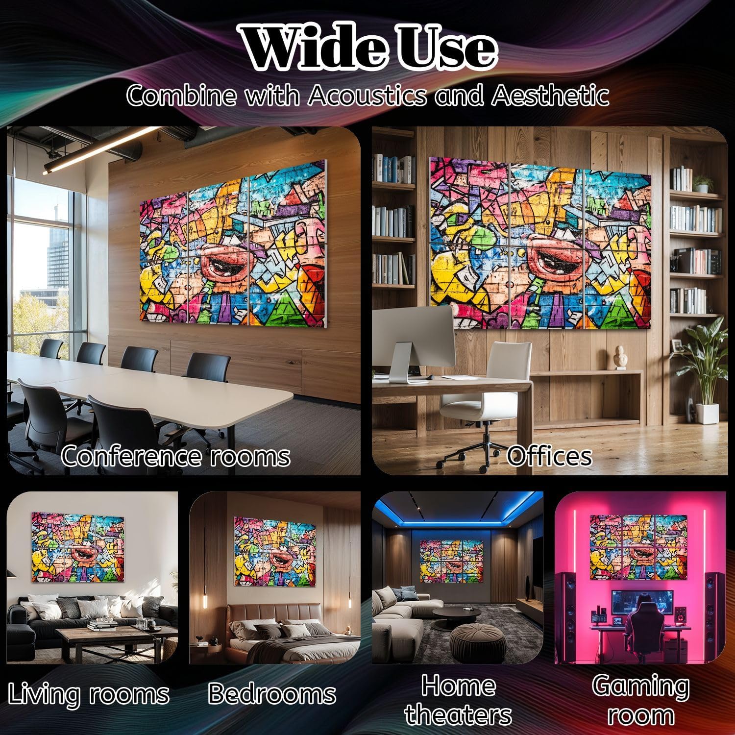 6 Pack Art Acoustic Panels Cool music graffiti urban style Sound Absorbing Panel 48