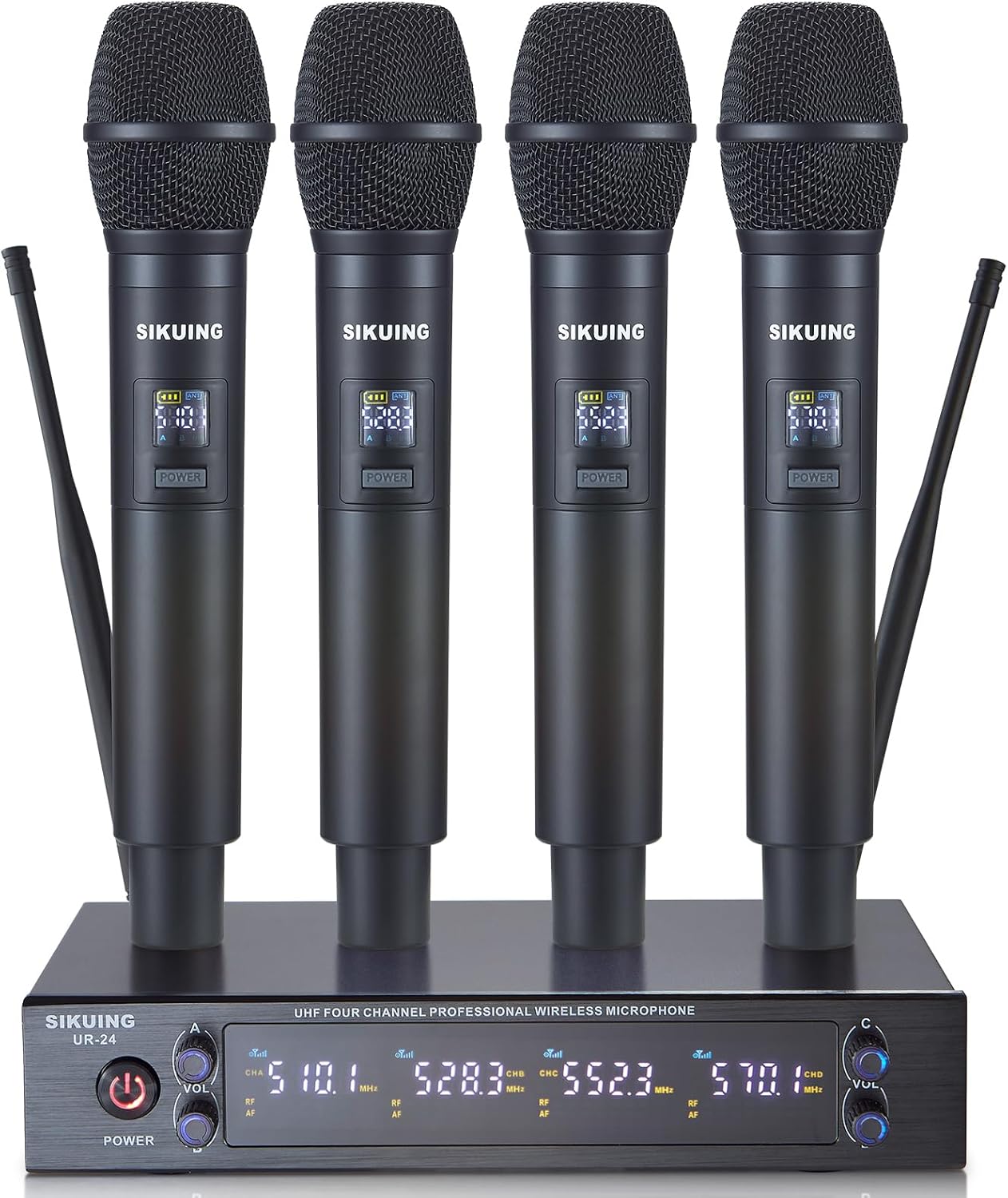4 Channel UHF Wireless Microphone System with Cordless Handheld Mics, 4x50 Adjustable Frequencies, Ideal for Karaoke Meeting Church, 300ft Range (4 Handheld)