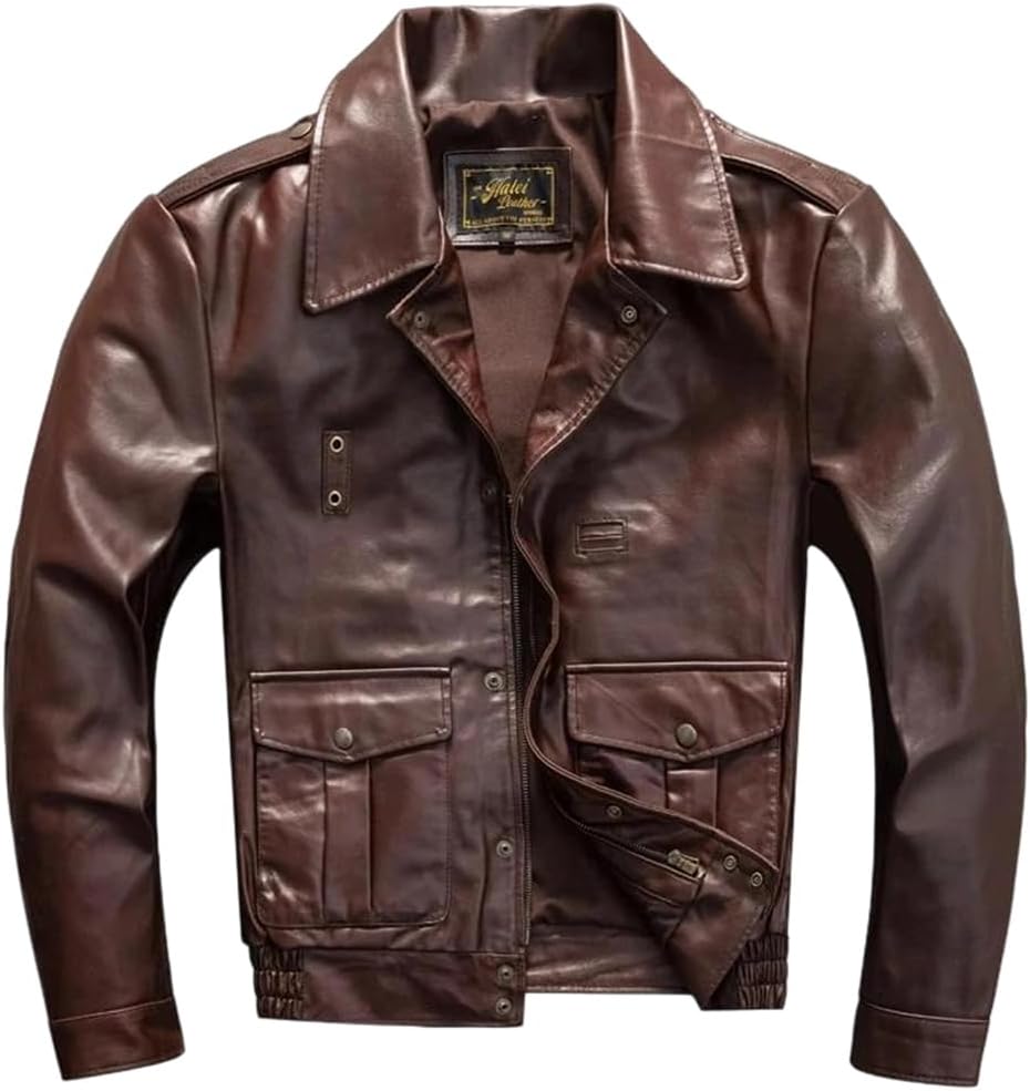 Men Mounted Police Genuine Natural Cowhide Turn-Down Collar Brown Autumn Leather Jacket Coat