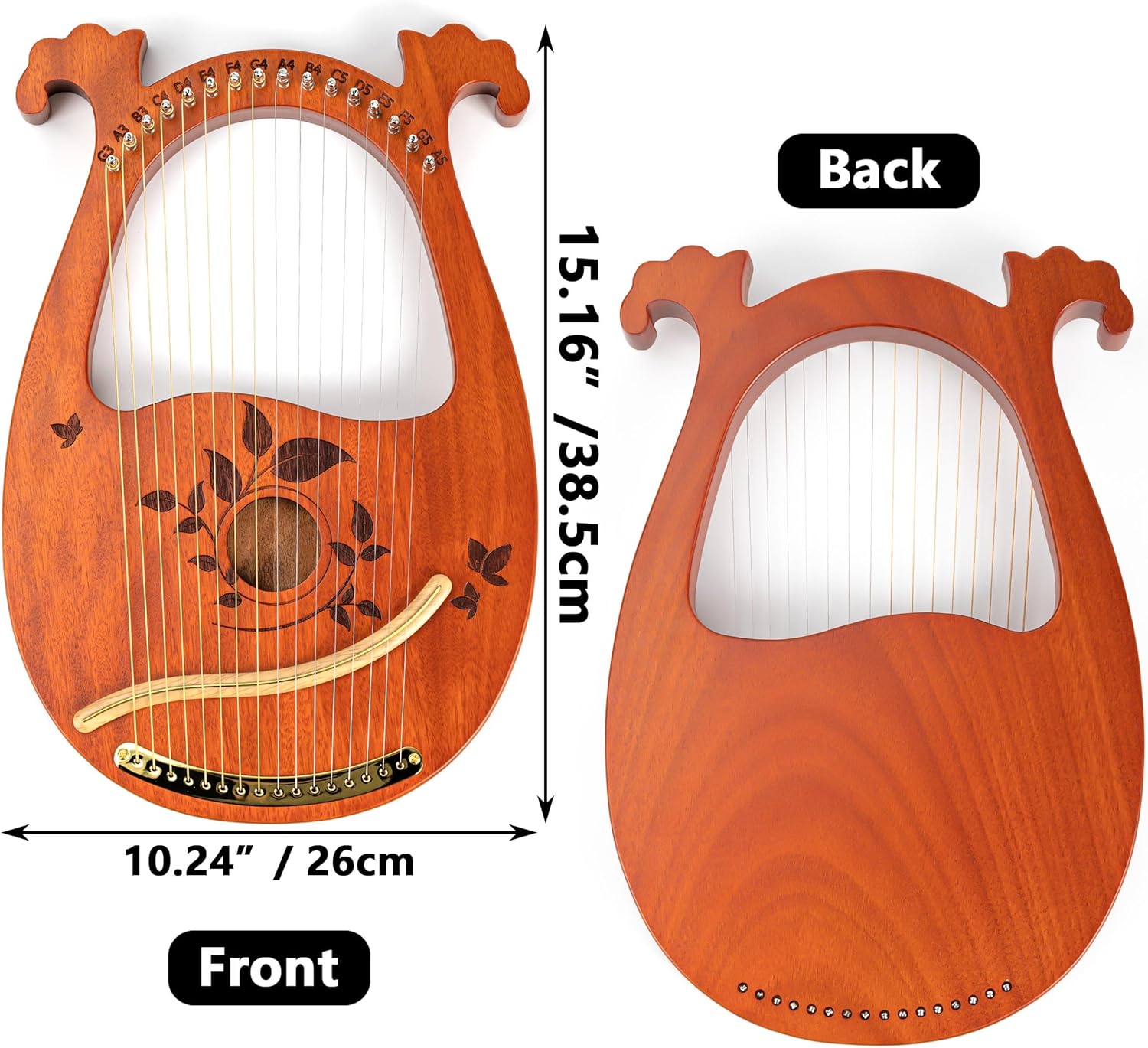 Lyre Harp Mahogany with Tuning Wrench and 16 Pcs Metal Spare String Set Manual Picks Black Gig Bag for Instrument Kids Adult Professional Beginner Music Lovers Gift