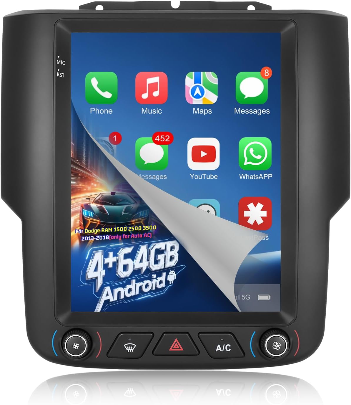 [4G+64G] Radio for Dodge RAM 1500 2500 3500 2013-2018(for Auto AC), 9.7 inch Touch Screen Android RAM Car Stereo, Wireless Carplay/Android Auto/32 EQ Audio/1280 * 720 Screen/SWC/Bluetooth