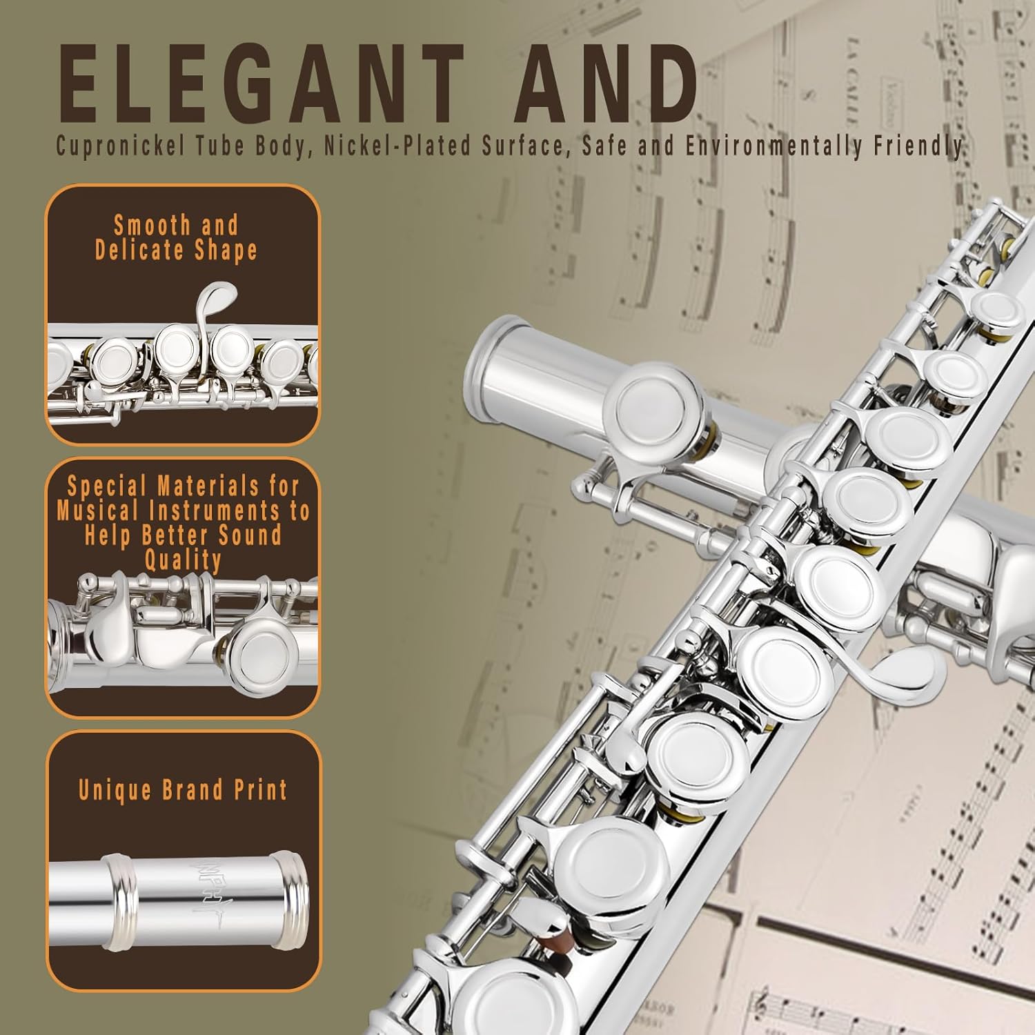 Closed Hole C Flute 16 Keys Nickel-Plated Flutes For Beginners Student Flute Instrument With Case Stand Cleaning Cloth Gloves Tuning Rod (Silver)