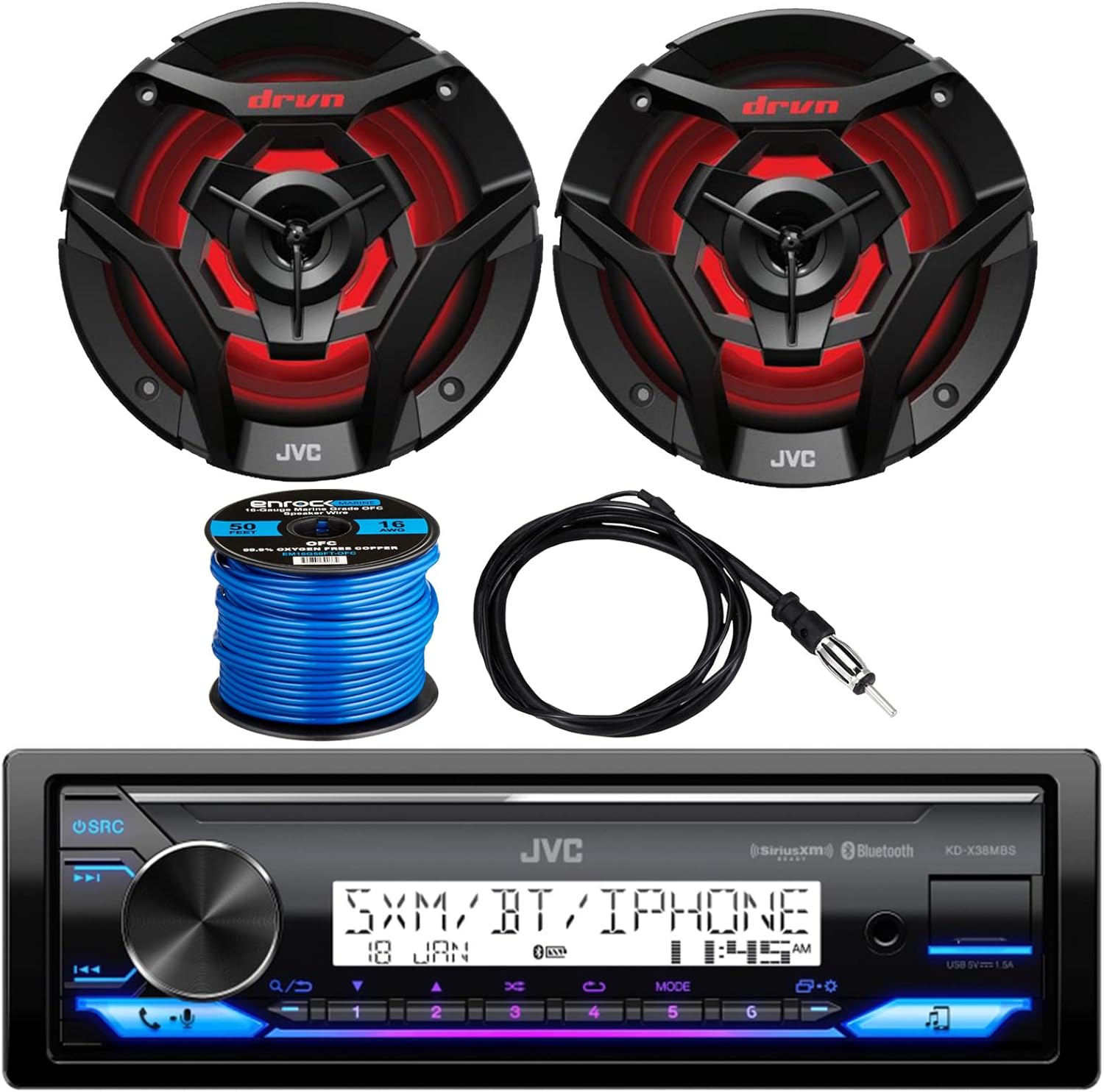 JVC KDX Single DIN Marine Bluetooth USB AUX AM/FM Radio Digital Media Receiver Bundle Combo with 1 Pair of 6.5