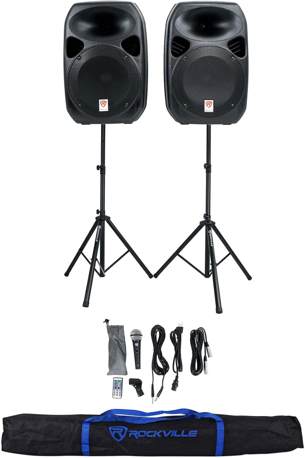 Rockville RPG122K Bundle: Dual 12-in Powered Speakers with Bluetooth, Microphone, Stands, and Cables, RVSS4A Zippered Heavy-Duty Carry Bag with Handles for Speaker Stands, 2-Items