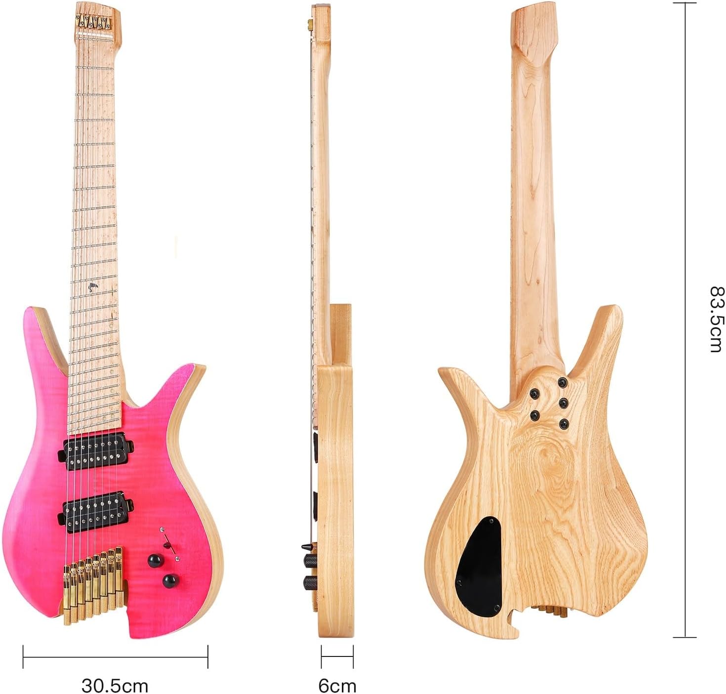 VENEKA Headless Electric Guitar 8 String Fanned Frets Headless Electric Travel Guitar with Alnico 5 Pickups Hardware