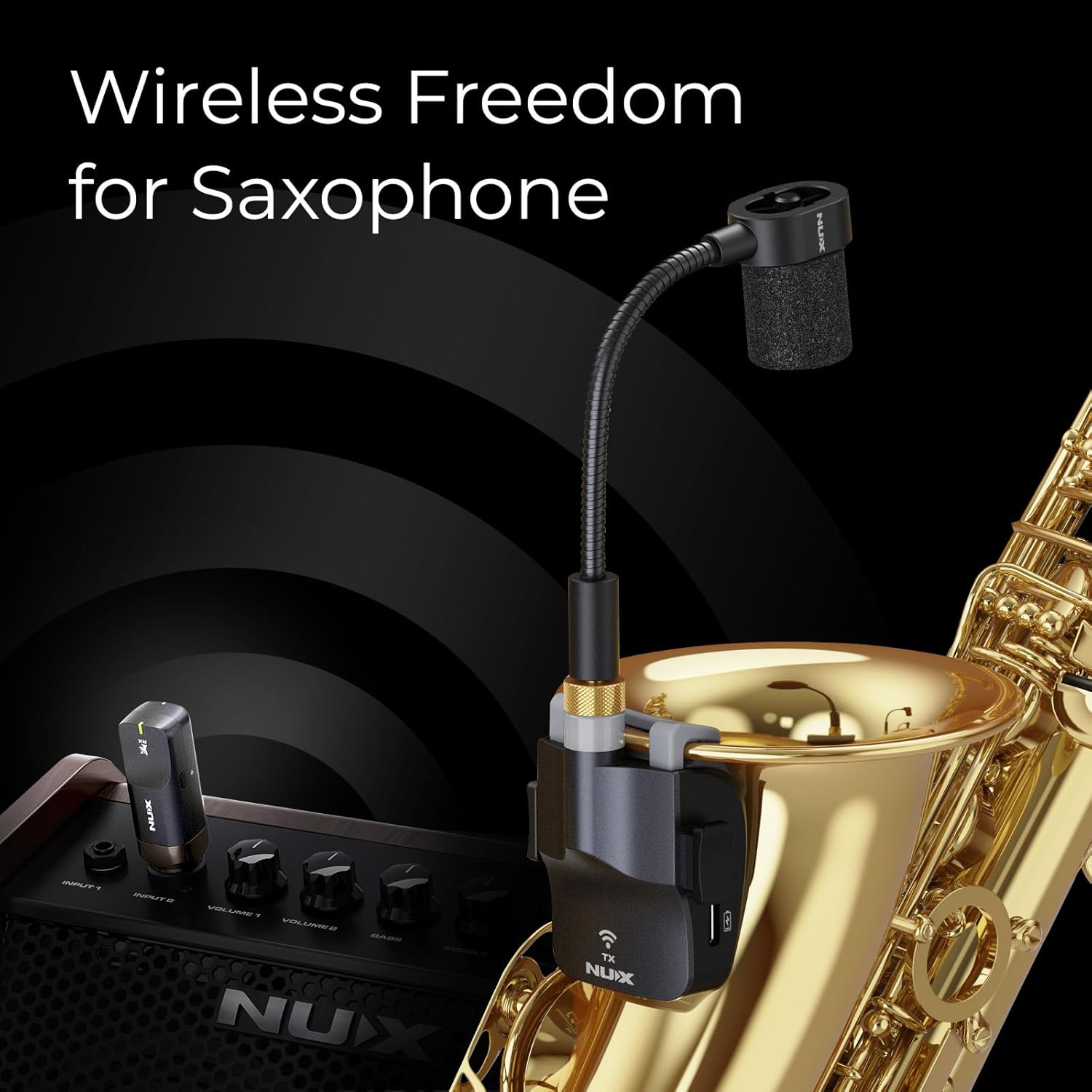 NUX B-6 Saxophone Wireless System with Charging Case,Operation Range of 20 Meters,High-Resolution 24- bit/44.1kHz Audio,2.4GHz Wireless Saxophone Microphone
