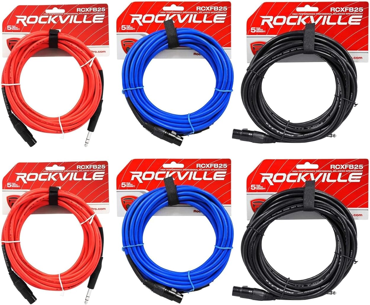 Rockville 6 25' Female Rean XLR to 1/4'' TRS Cables (3 Colors x 2 of Each)