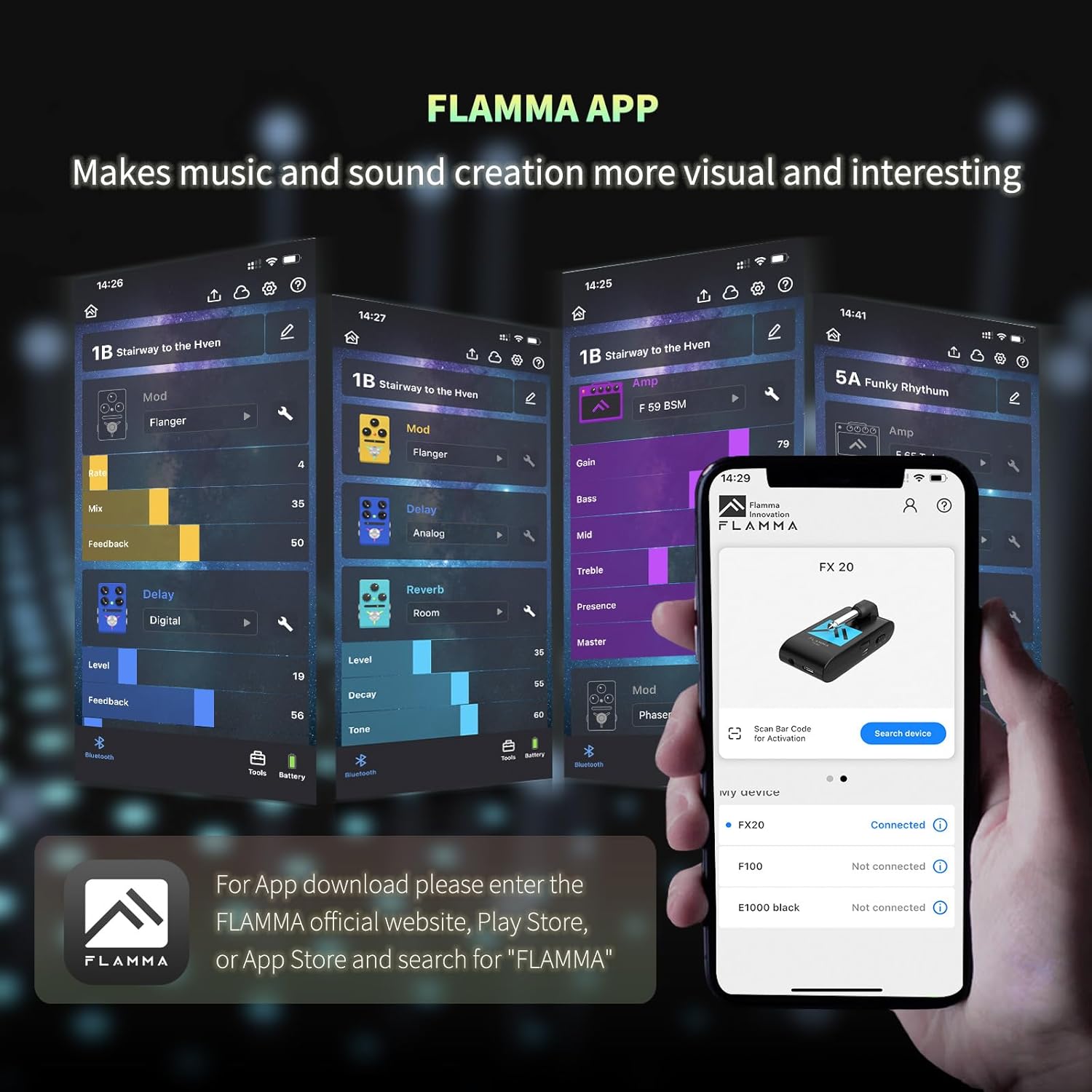 FLAMMA FX20 Guitar Headphone Amp with APP 40 Drum Grooves 52 Amp Modes 5 Delay 5 Reverb Effects 14 Modulations for Practice Recording and Creativity