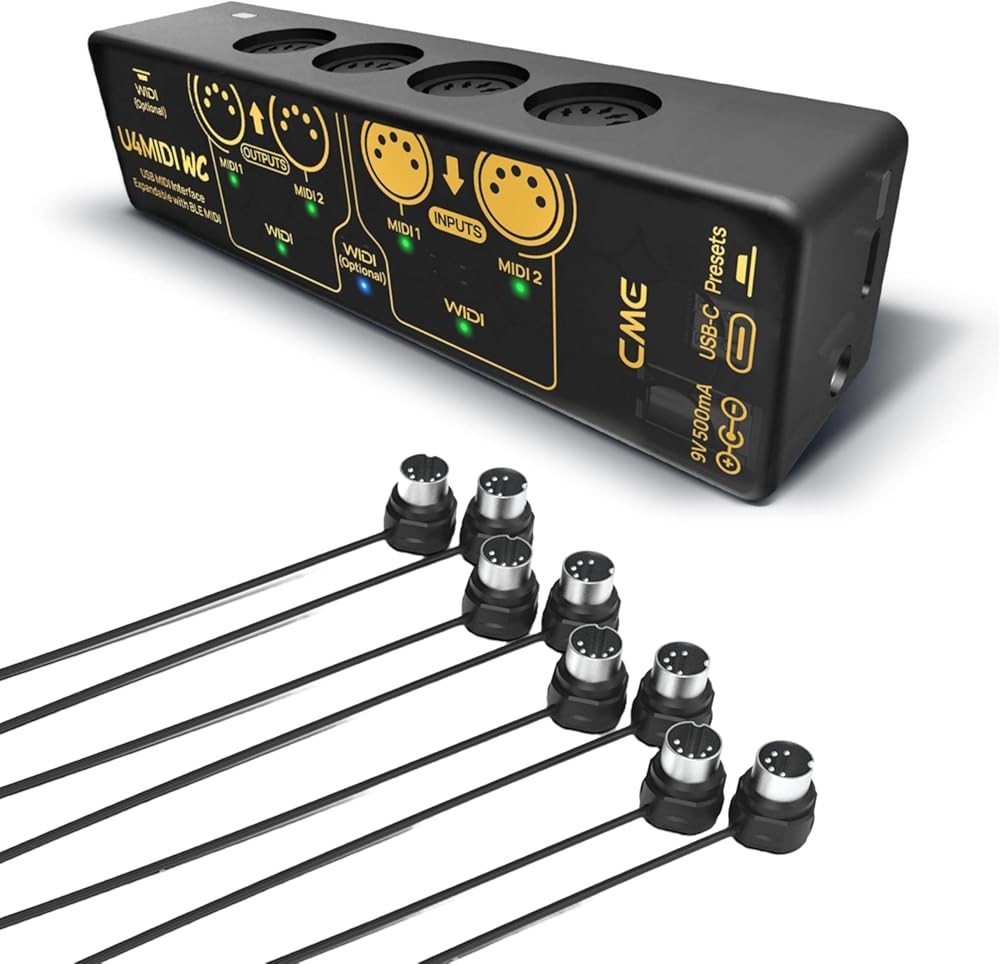 CME U4MIDI WC + 4-Pack 3-FT MIDI Cables - Hybrid MIDI Interface with Router, Mapper & Filter + 4-Pack 3-FT 5-pin DIN MIDI Cables for compact spaces