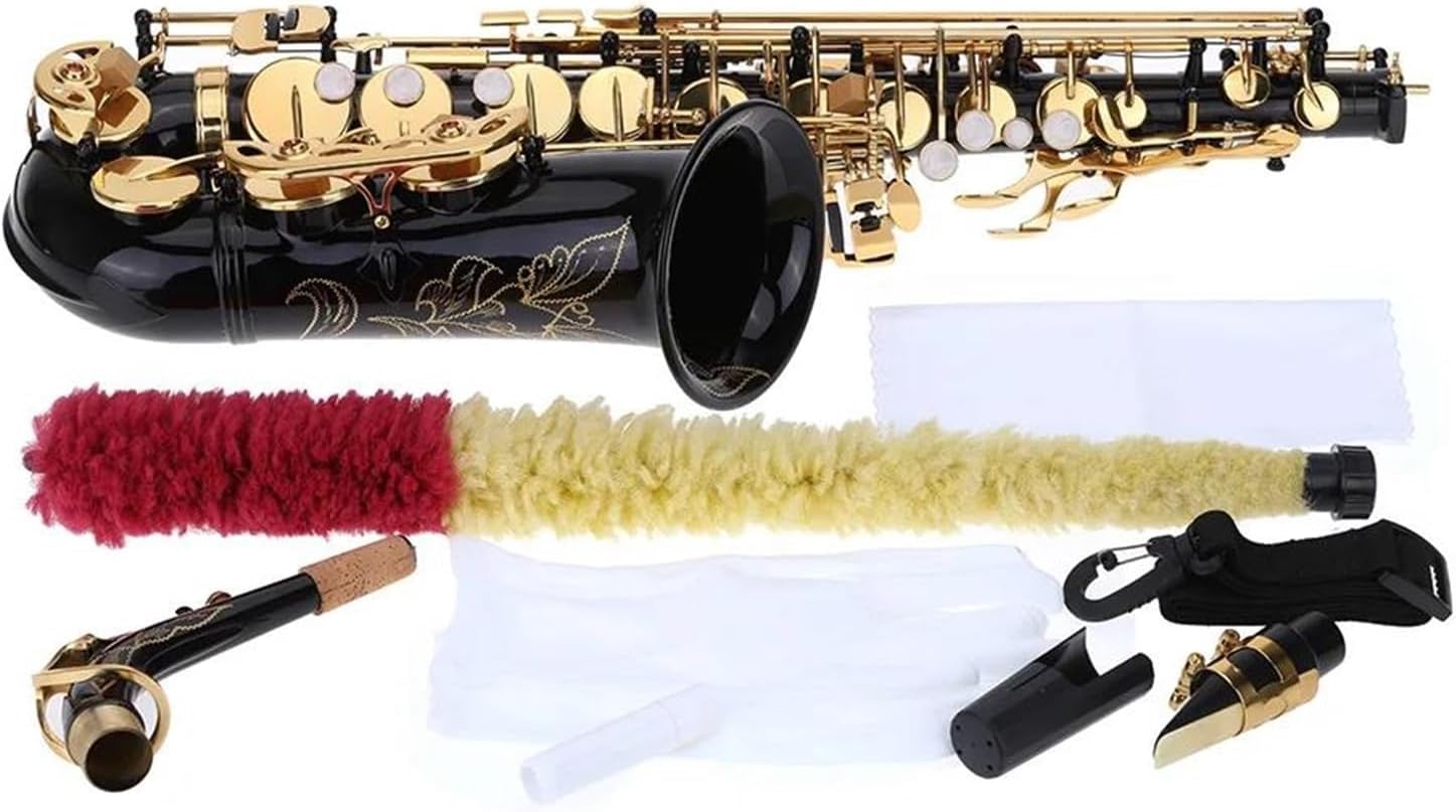 Eb Alto Saxophone Brass Lacquered Gold E Flat Sax Key Type Woodwind Instrument With Brush Cloth Gloves Strap Padded Case (Color : Black)