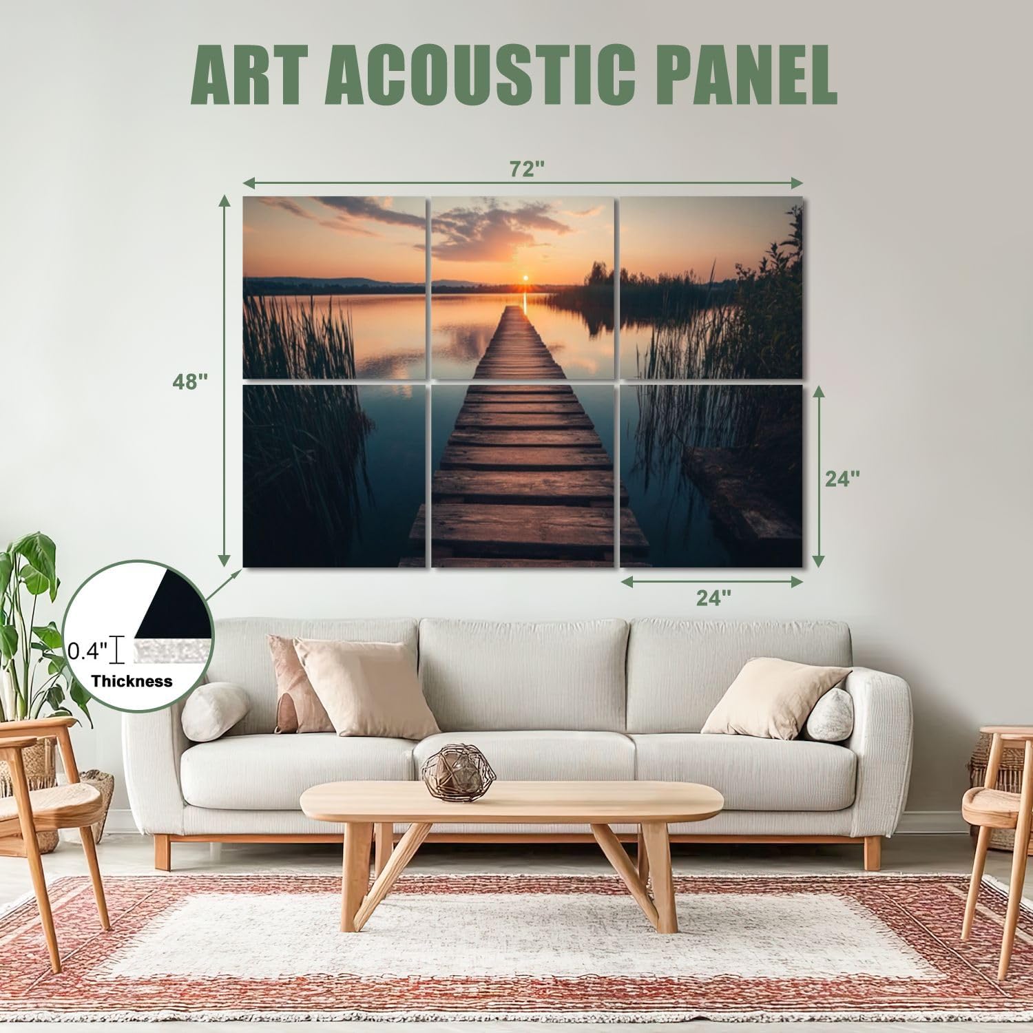 6 Pack Art Acoustic Panels Sound Absorbing Sunset Landscape Boardwalk Stair Heavy Sunset Lake Rustic Wood Wooden Decorative Soundproof Wall Panels Self Adhesive for Recording Studios Office 72