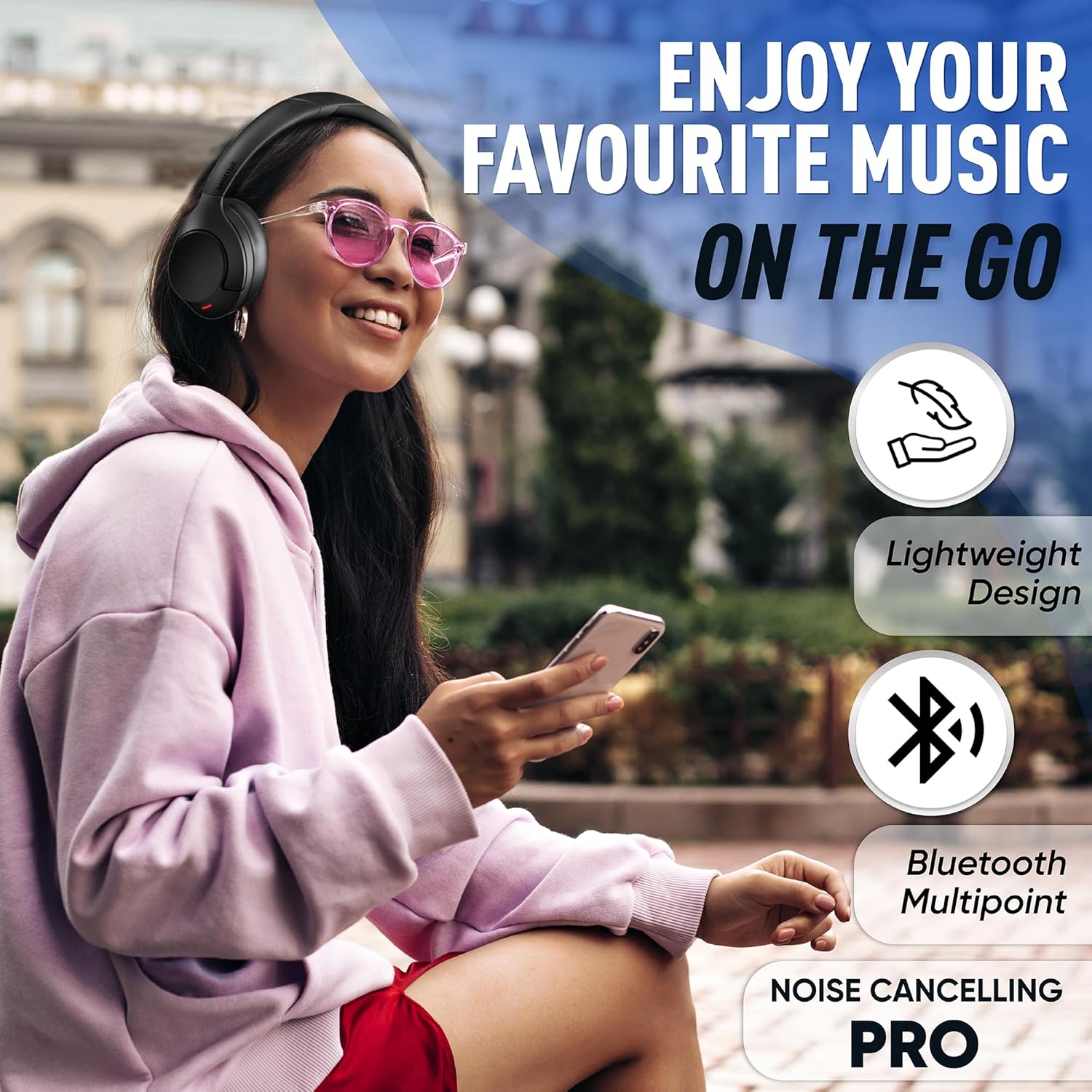 Philips Wireless Headphones Noise Cancelling, Stereo Over Ear Wireless Headphones with Removable Mic, Bluetooth Headset with Microphone, Lightweight and Touch Control, 55 Hours Playtime