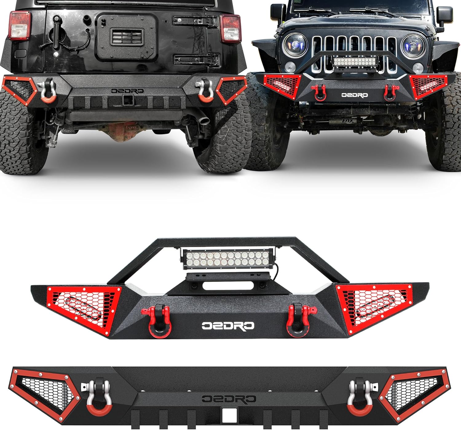 OEDRO Front and Rear Bumpers Compatible with 2007-2018 Wrangler JK/JKU 2/4 Doors, Includes Winch Plate, Paintable Armors, LED Lights & D-Rings, Black