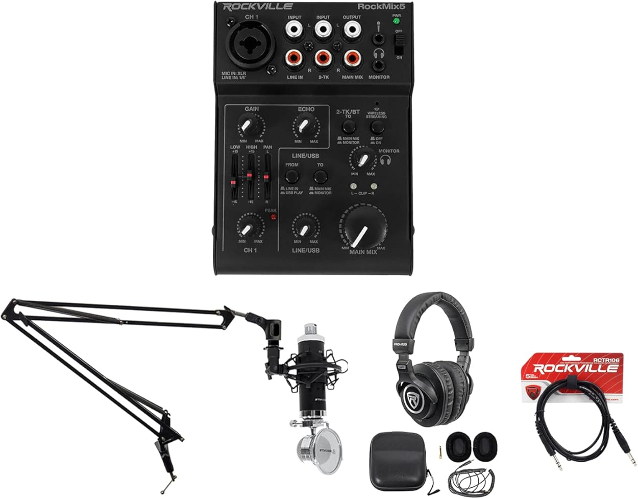 Rockville RockMix 5 Bundle: USB Interface Mixer, RCM03 Condenser Mic, DMS40 40