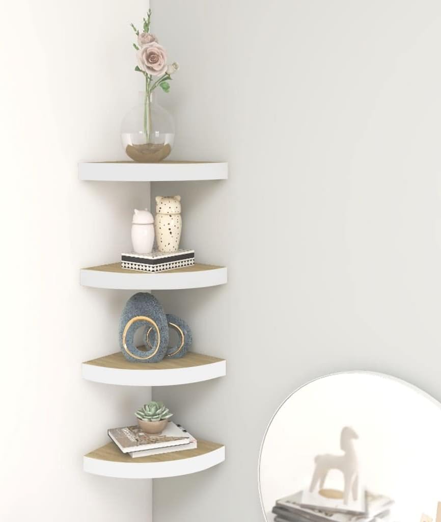 Home Décor Wall Corner Shelves 4 pcs Oak and White 13.7