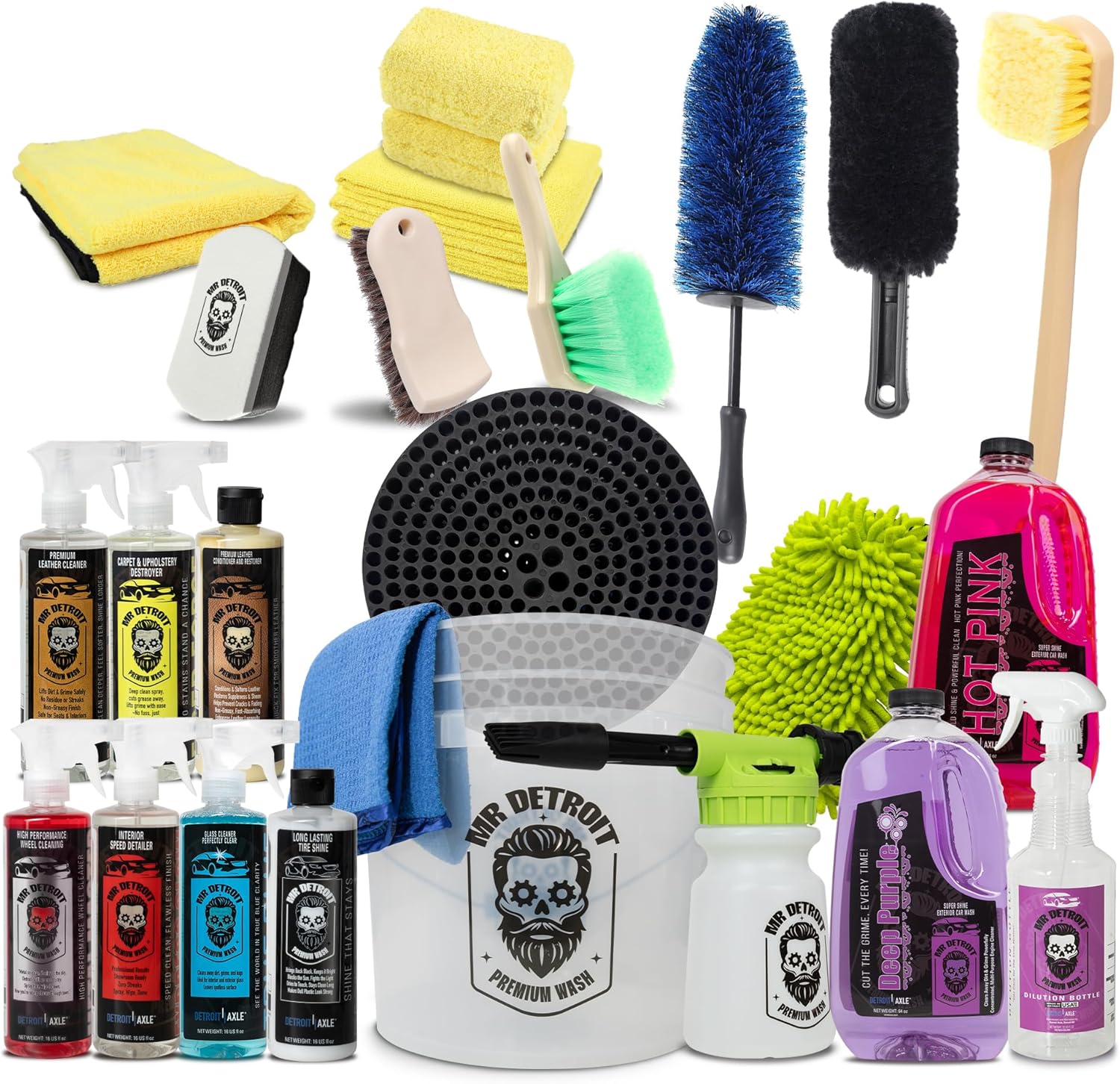 Mr. Detroit - 24pc Car Wash Kit with Foam Blaster, Bucket & Filter, Car Care Cleaners, Towels, Wash Mitt, Brushes, Leather Conditioner, Sponge Pads, Exterior and Interior Detailing for Vehicles