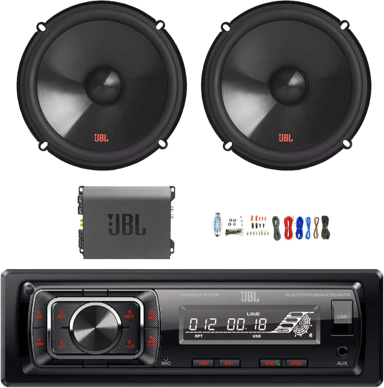 Single DIN Bluetooth FM Radio USB/AUX Media Receiver, 2X 6.5 250 Watt Peak Power 2-Way Car Audio Speakers, Amplifier w/Install Kit