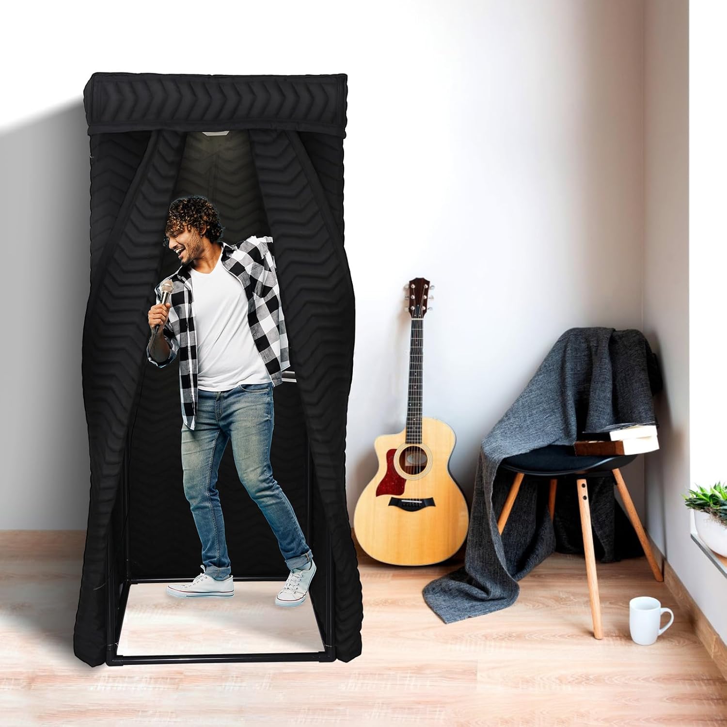 Portable Vocal Booth - Studio Grade Echo-Free Recording Booth for Voiceover, Podcast & Singing, Home Studio/Sound Isolation Booth with Light & Travel Bag (ZIGZAG-BLK, L)