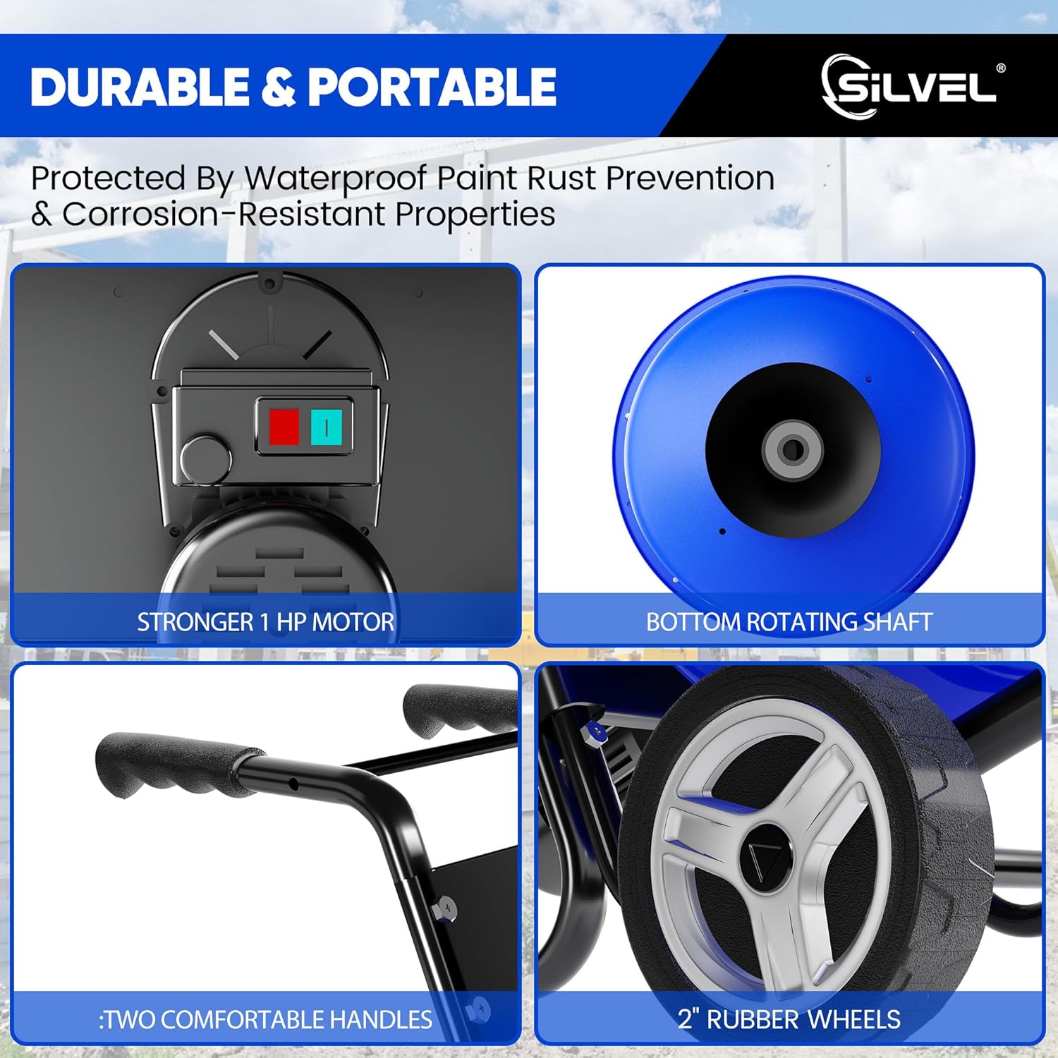 SILVEL 5.3 Cu.Ft. Cart-Mounted Concrete Mixer – 750W 1HP Electric Cement Mixer, Heavy Duty Mixing Machine for Mortar, Stucco & Fodder