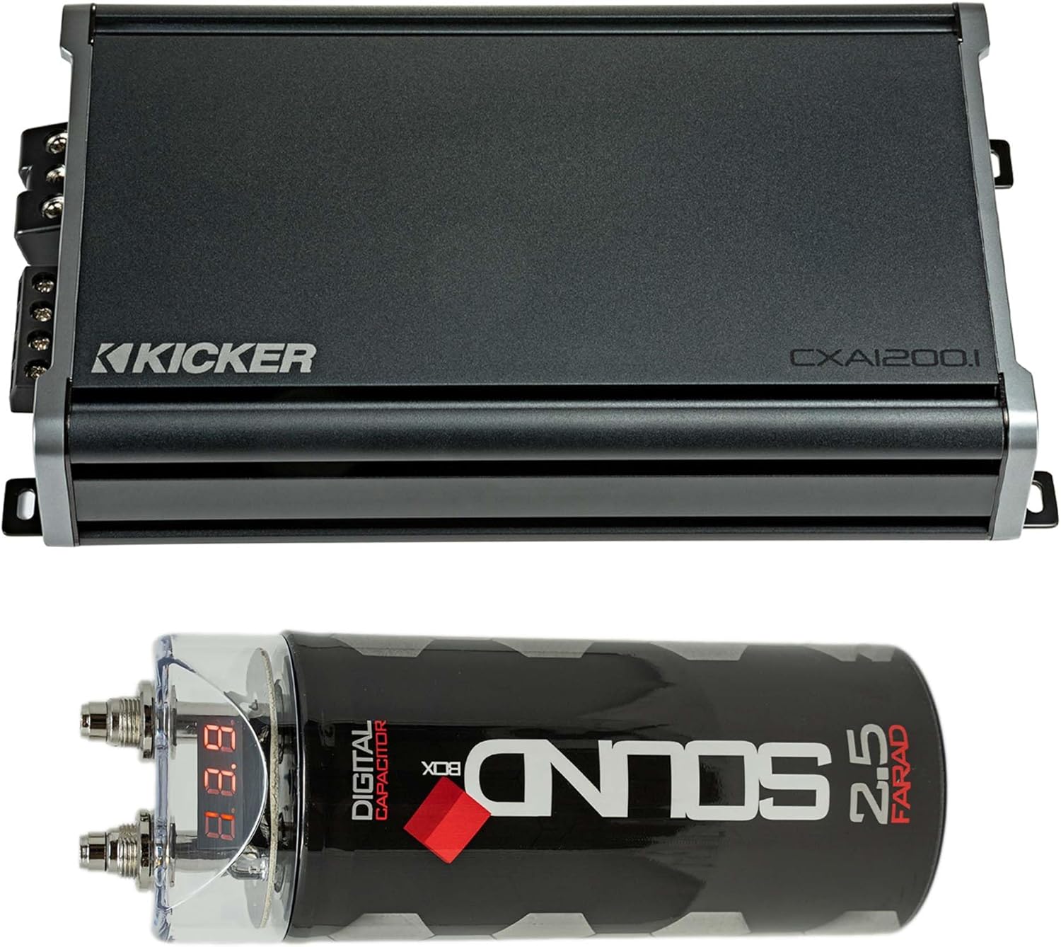 Kicker 46CXA18001 Mono Class D Subwoofer Amplifier (1800W) and SoundBox SCAP2D 2.5 Farad Digital Capacitor – High-Power Bass System, KickEQ Bass Boost, 24dB Subsonic Filter, Voltage Stabilization