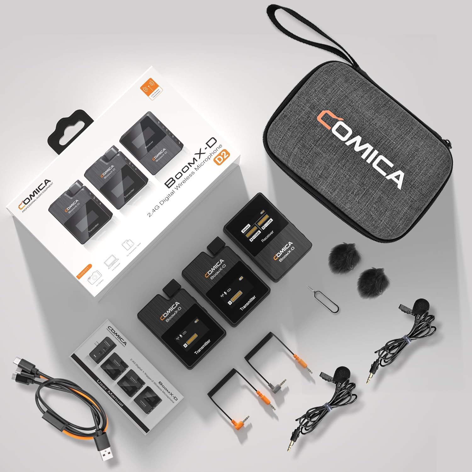 Comica BoomX-D2 - Wireless Microphone System for Cameras, Camcorders, Smartphones, Laptops, Compact Wireless Lavalier Lapel Microphone with Safety Audio Track, Noise Reduction, 328' Range, Low Latency