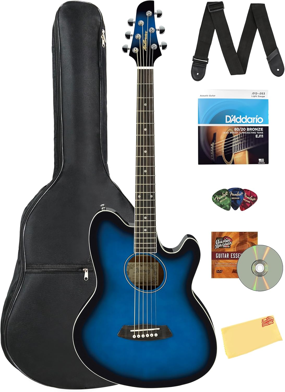 Ibanez TCY10E Talman Acoustic-Electric Guitar - Transparent Blue Sunburst High Gloss Bundle with Gig Bag, Strap, D'Addario Strings, Picks, Austin Bazaar Instructional DVD, and Polishing Cloth